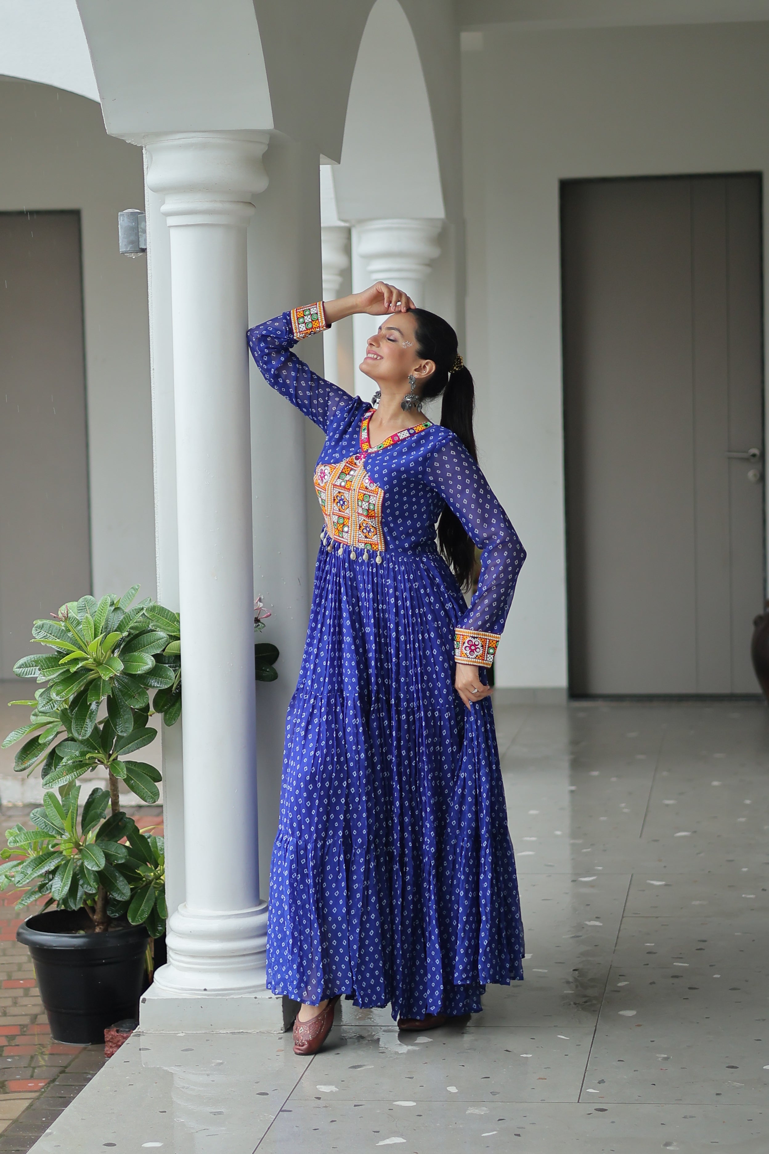 Bandhani Print Anarkali Gown with Mirror Work Yoke