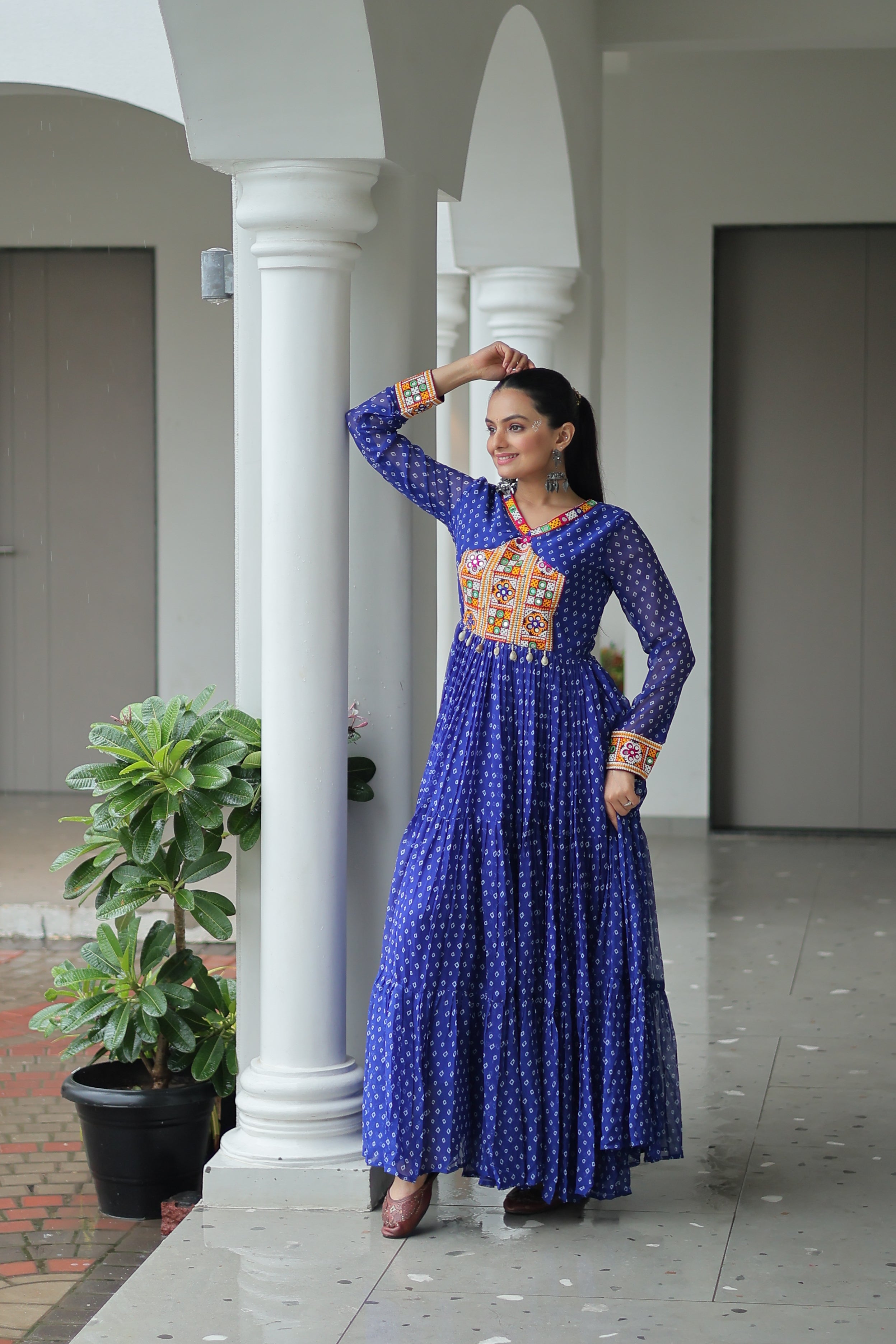 Bandhani Print Anarkali Gown with Mirror Work Yoke