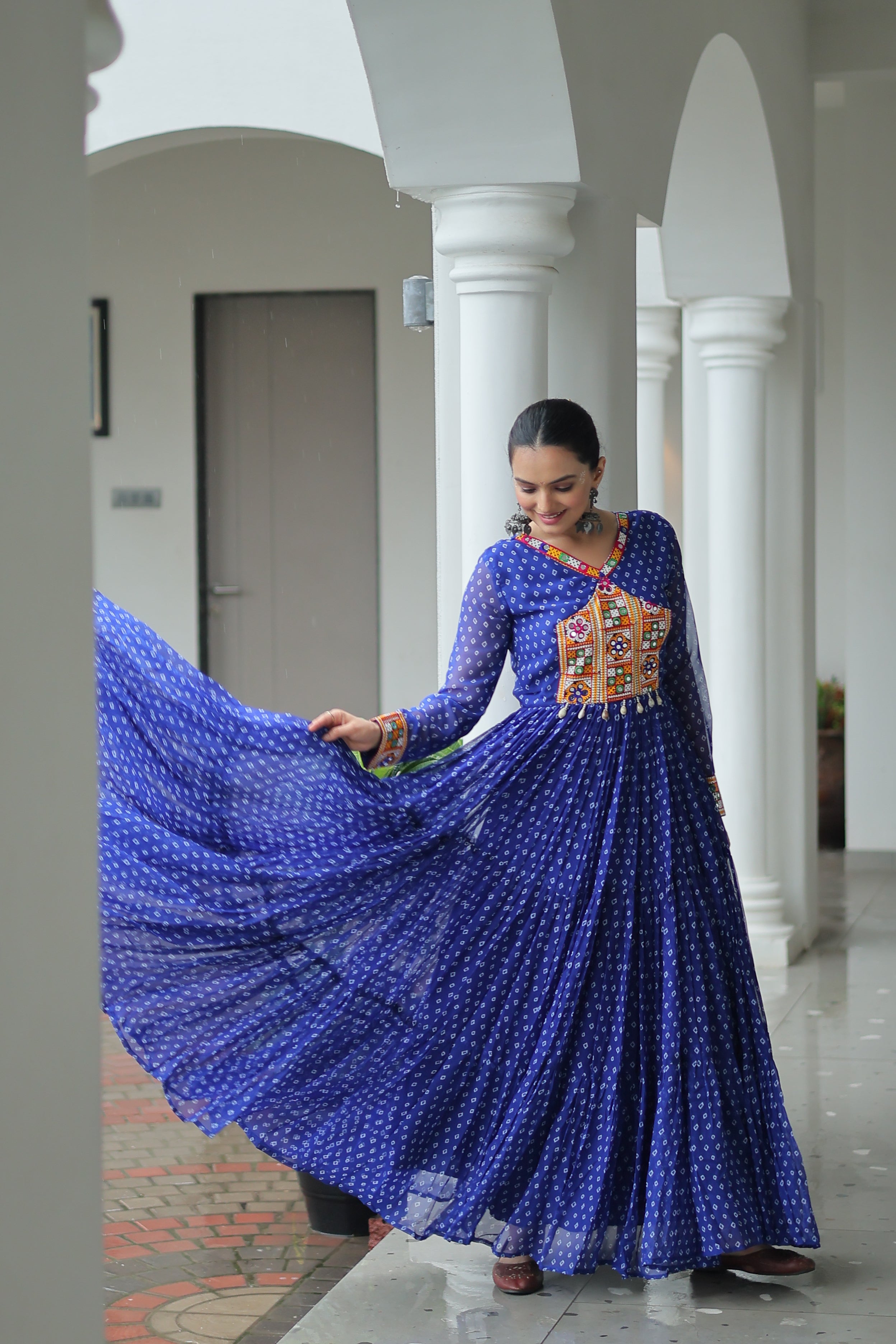 Bandhani Print Anarkali Gown with Mirror Work Yoke