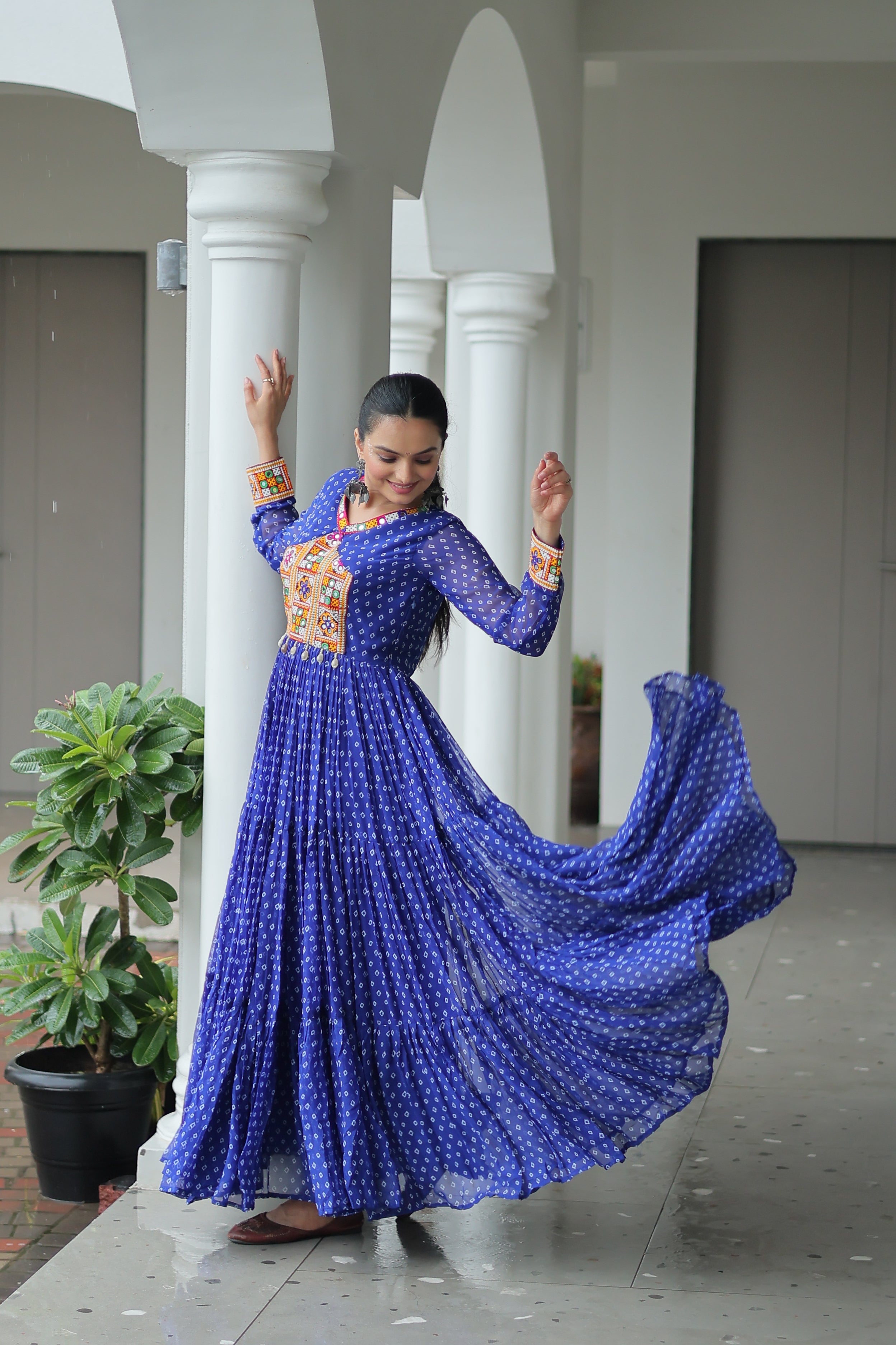 Bandhani Print Anarkali Gown with Mirror Work Yoke