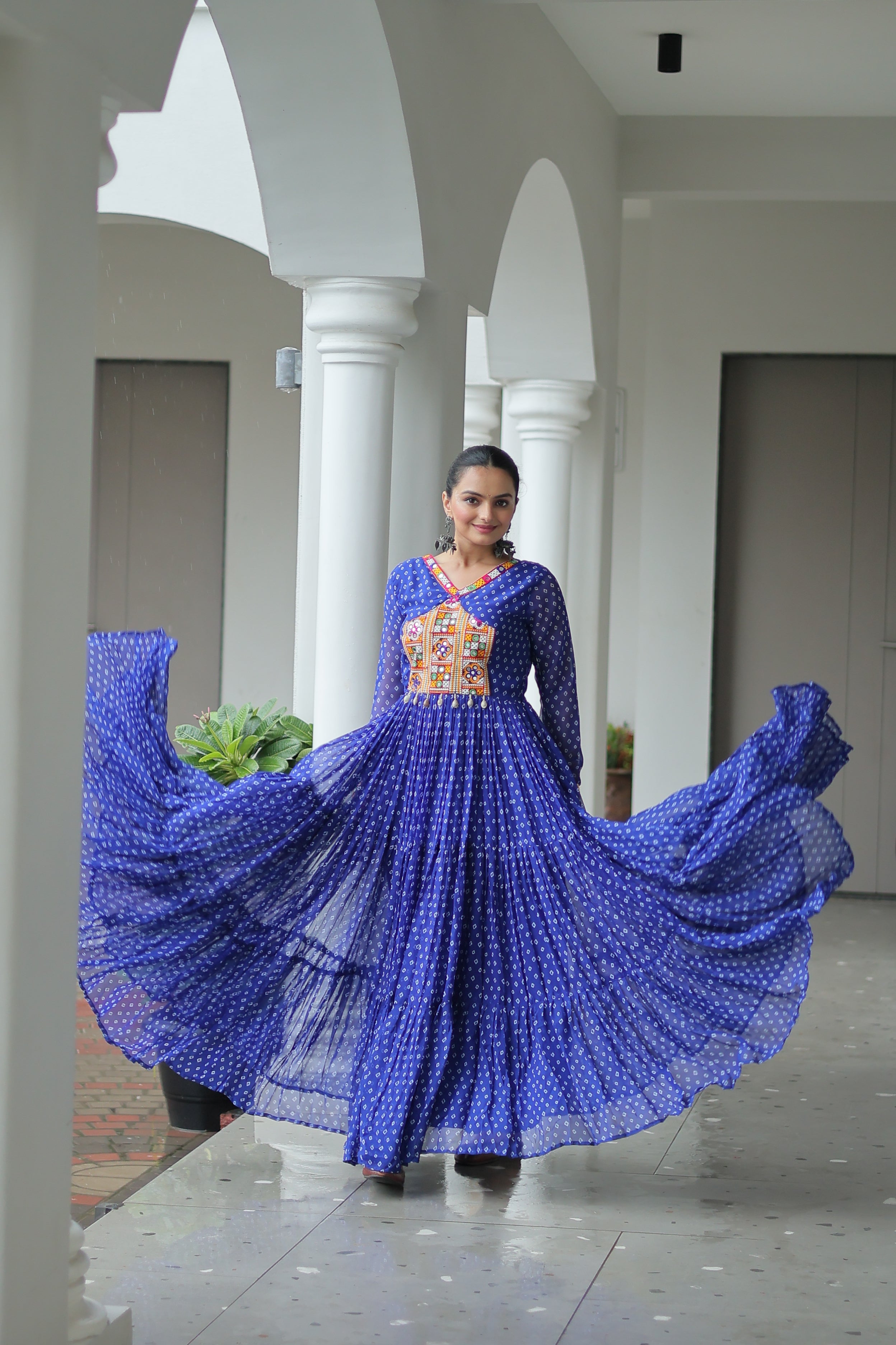Bandhani Print Anarkali Gown with Mirror Work Yoke