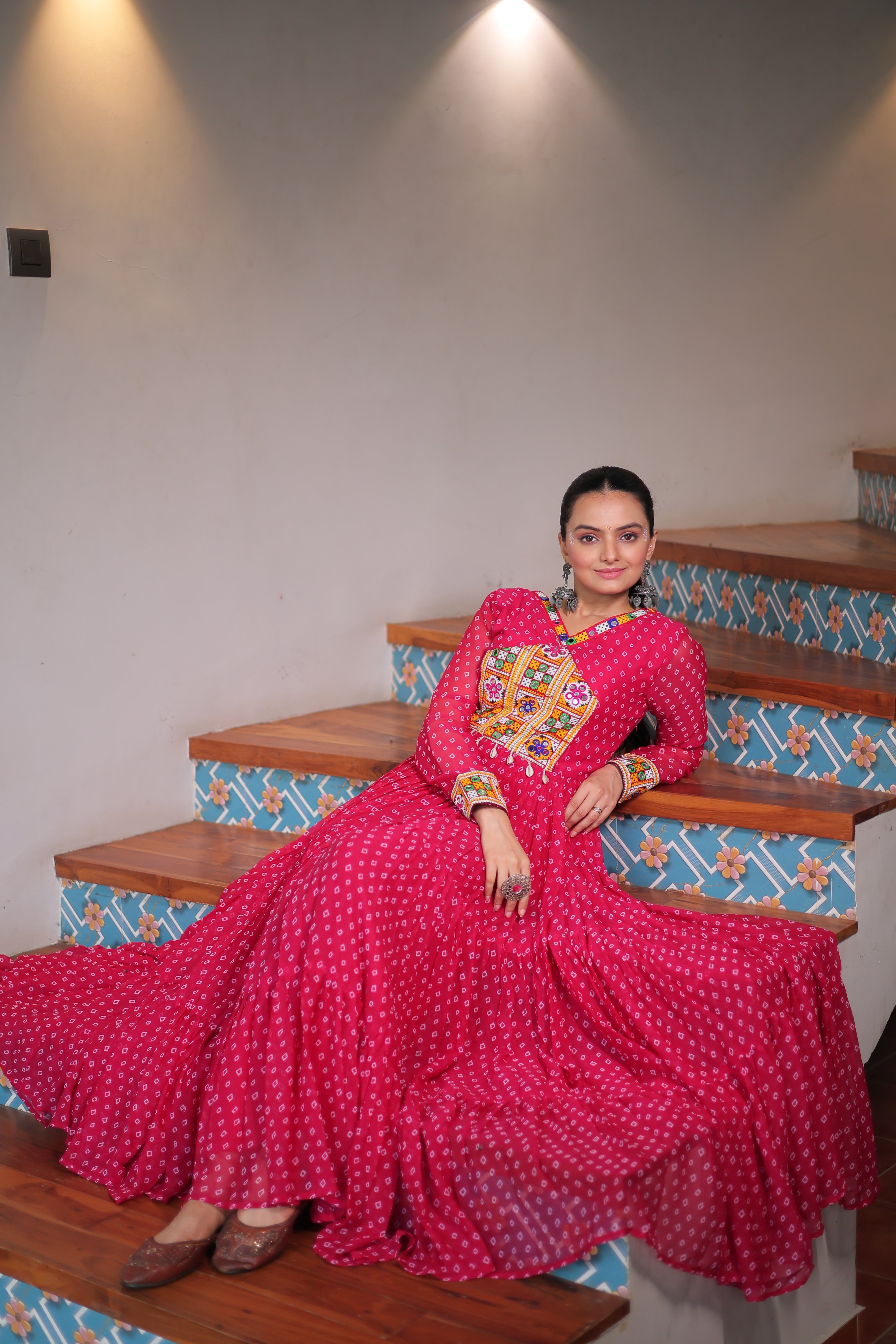 Bandhani Print Anarkali Gown with Mirror Work Yoke