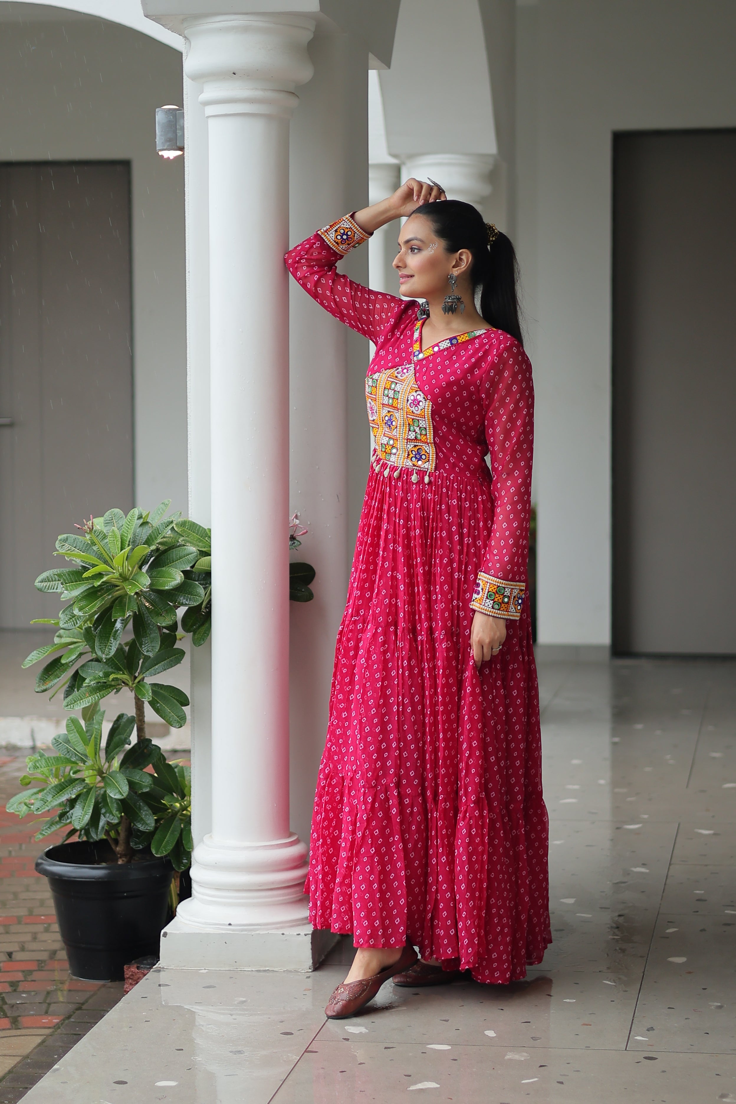 Bandhani Print Anarkali Gown with Mirror Work Yoke