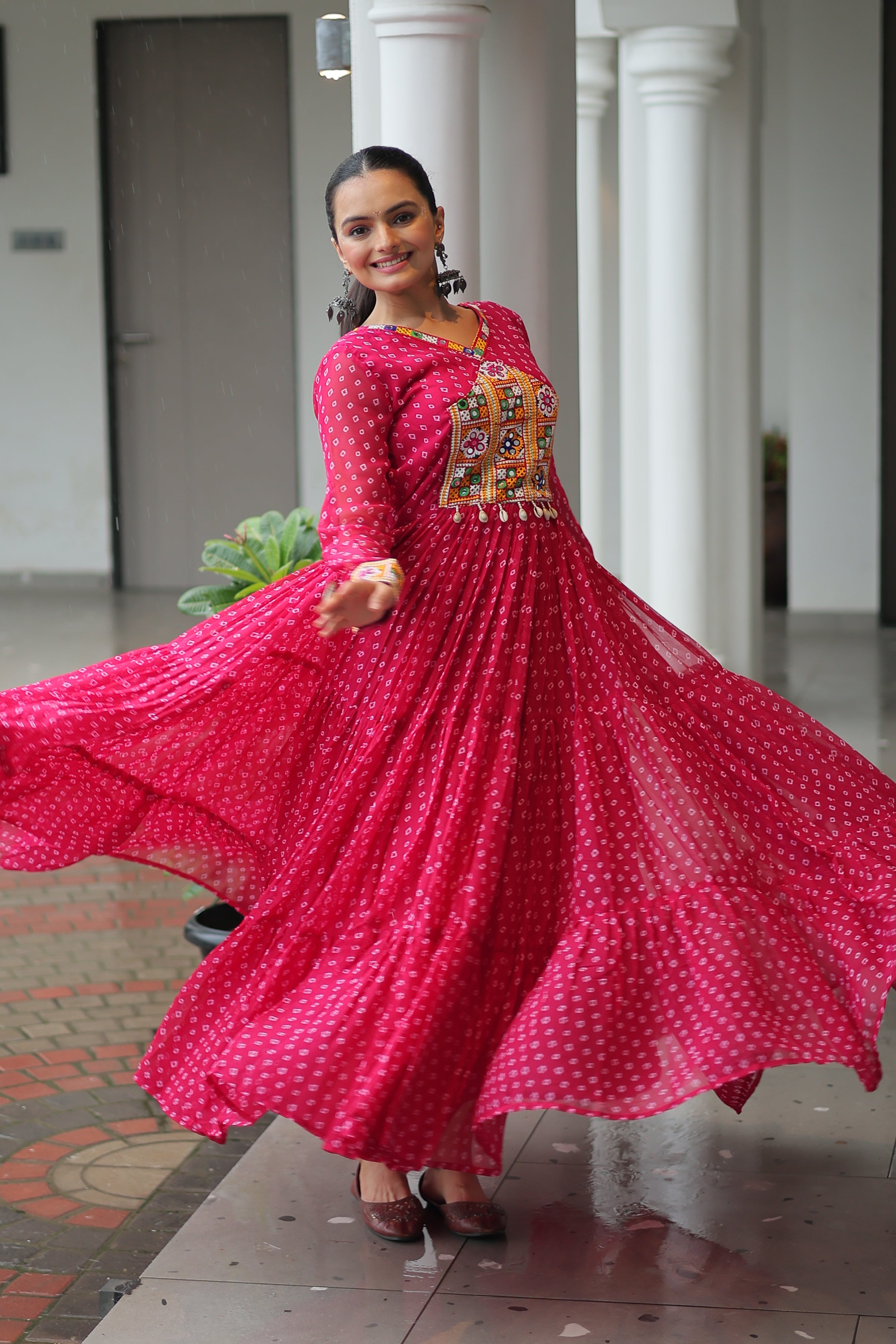 Bandhani Print Anarkali Gown with Mirror Work Yoke