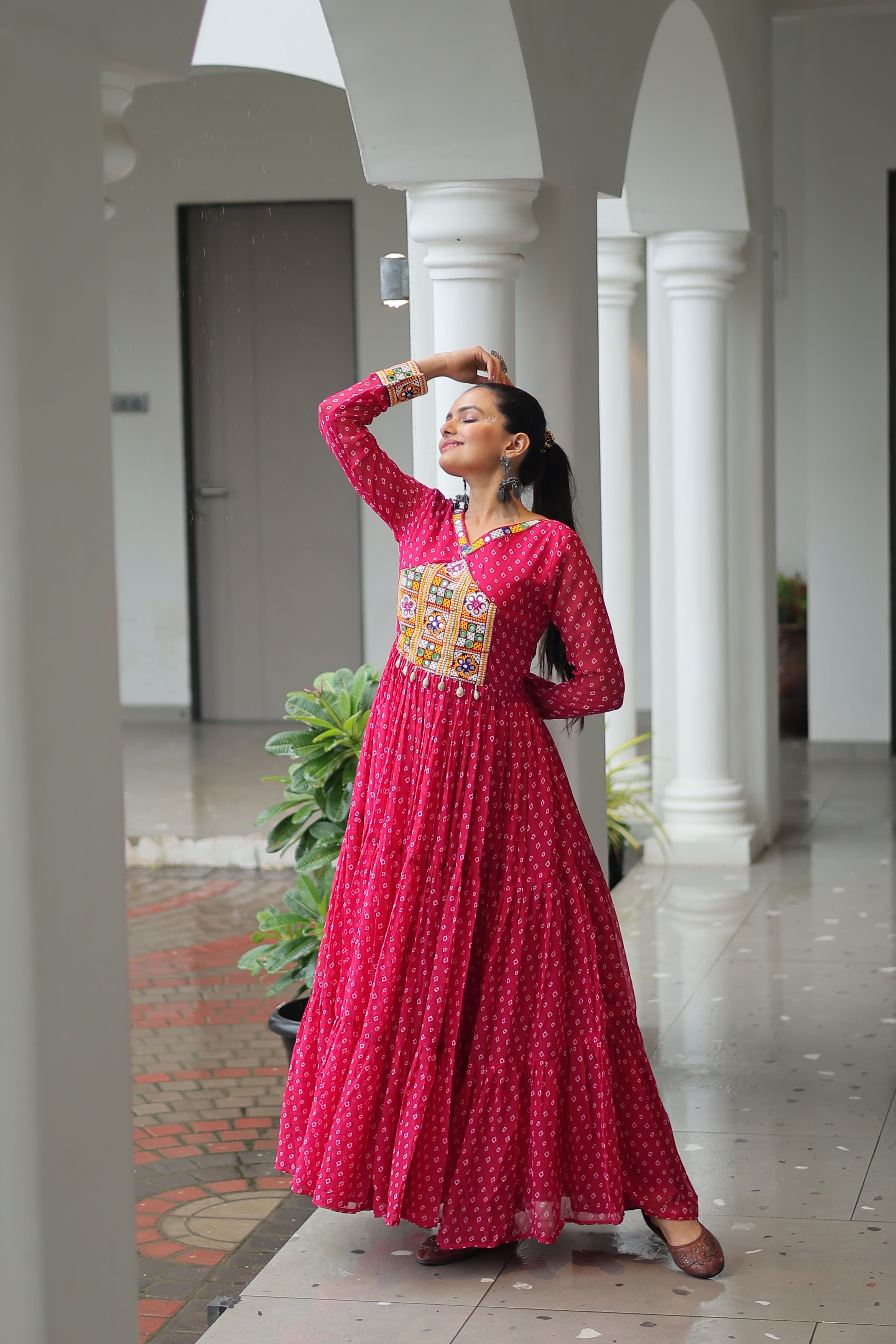 Bandhani Print Anarkali Gown with Mirror Work Yoke