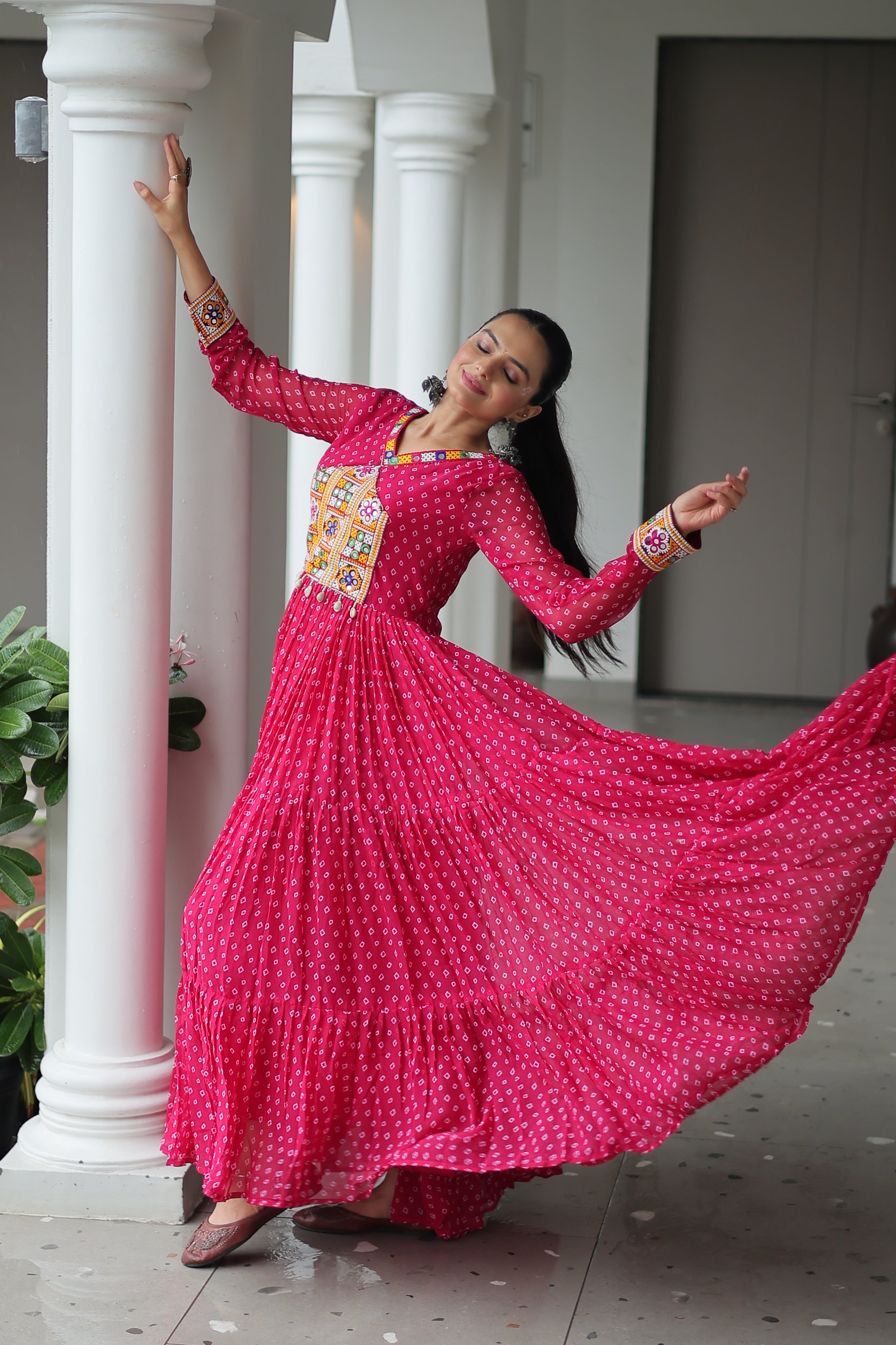 Bandhani Print Anarkali Gown with Mirror Work Yoke