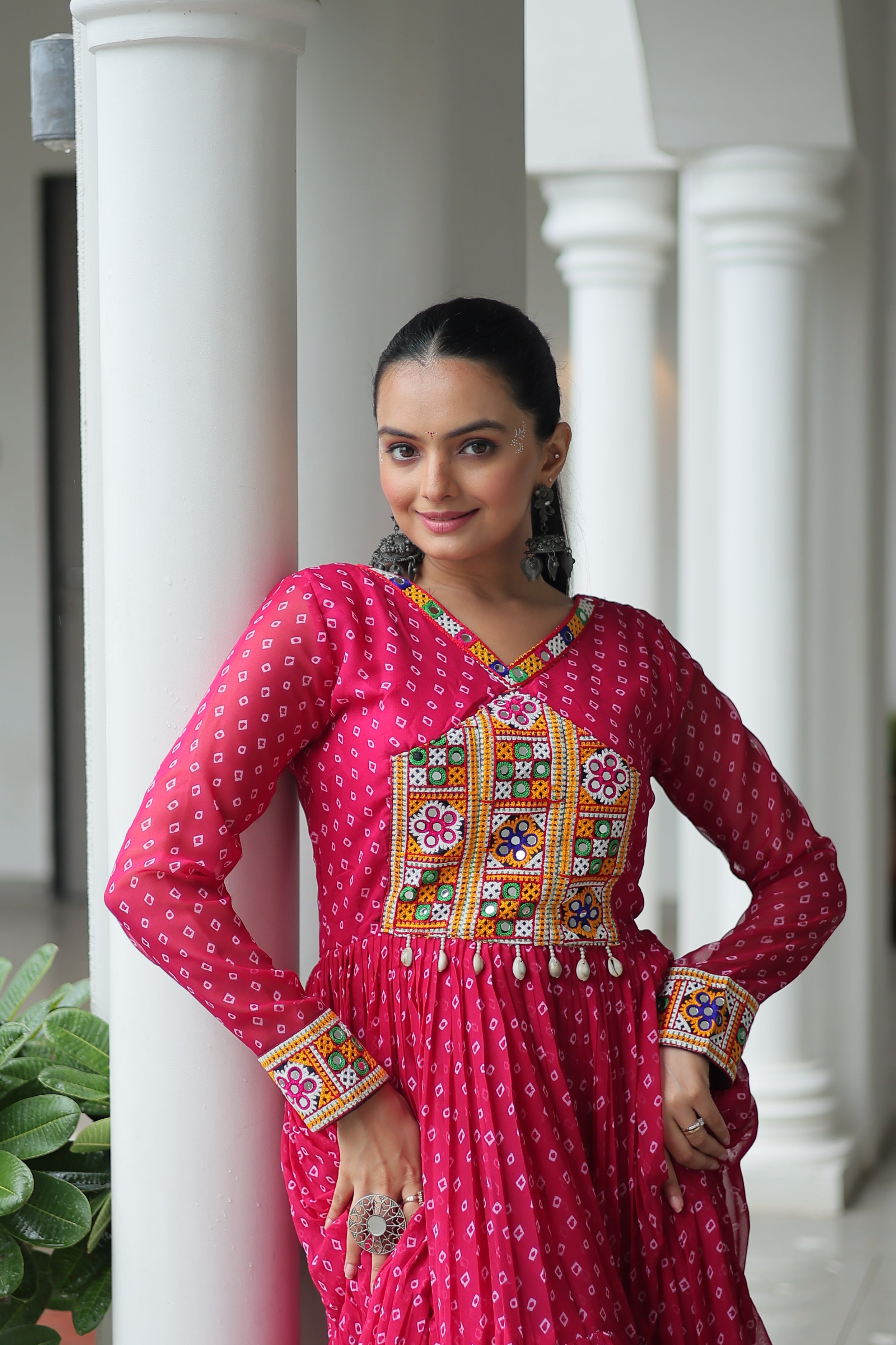 Bandhani Print Anarkali Gown with Mirror Work Yoke