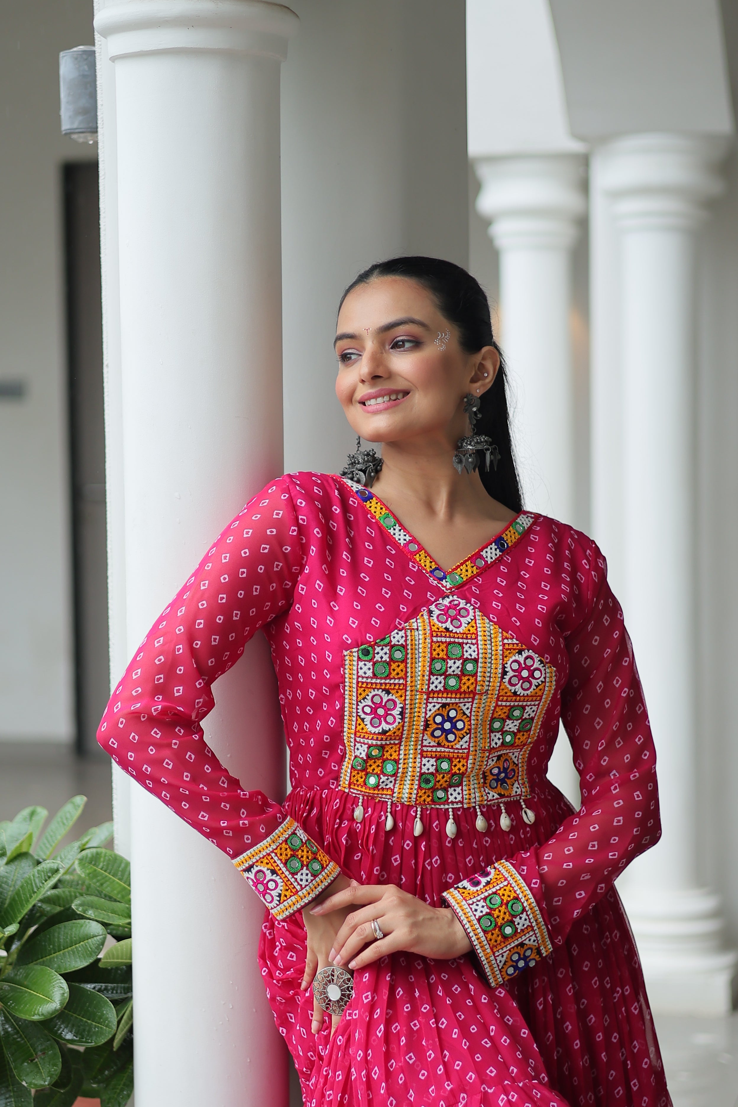 Bandhani Print Anarkali Gown with Mirror Work Yoke