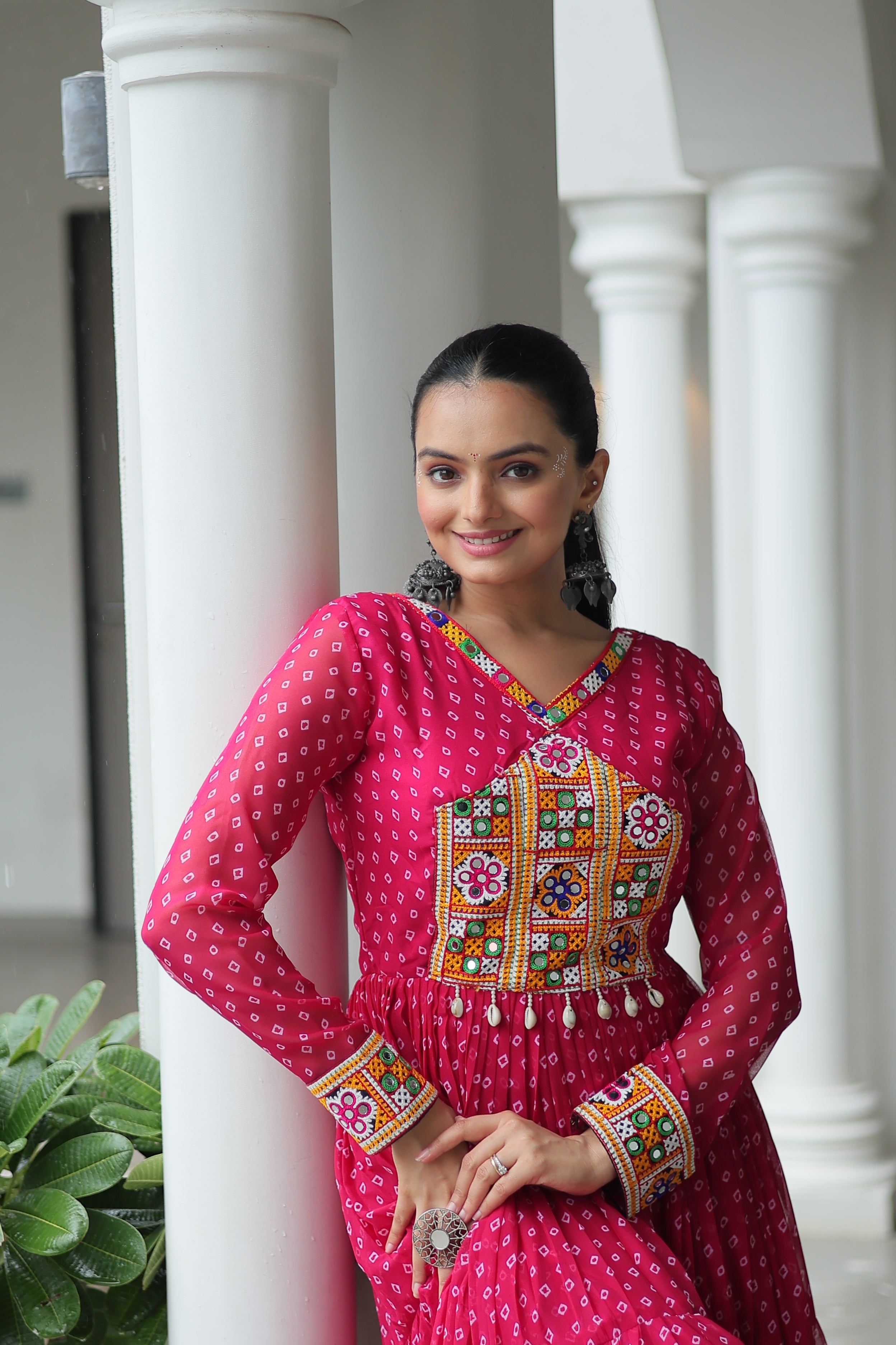 Bandhani Print Anarkali Gown with Mirror Work Yoke
