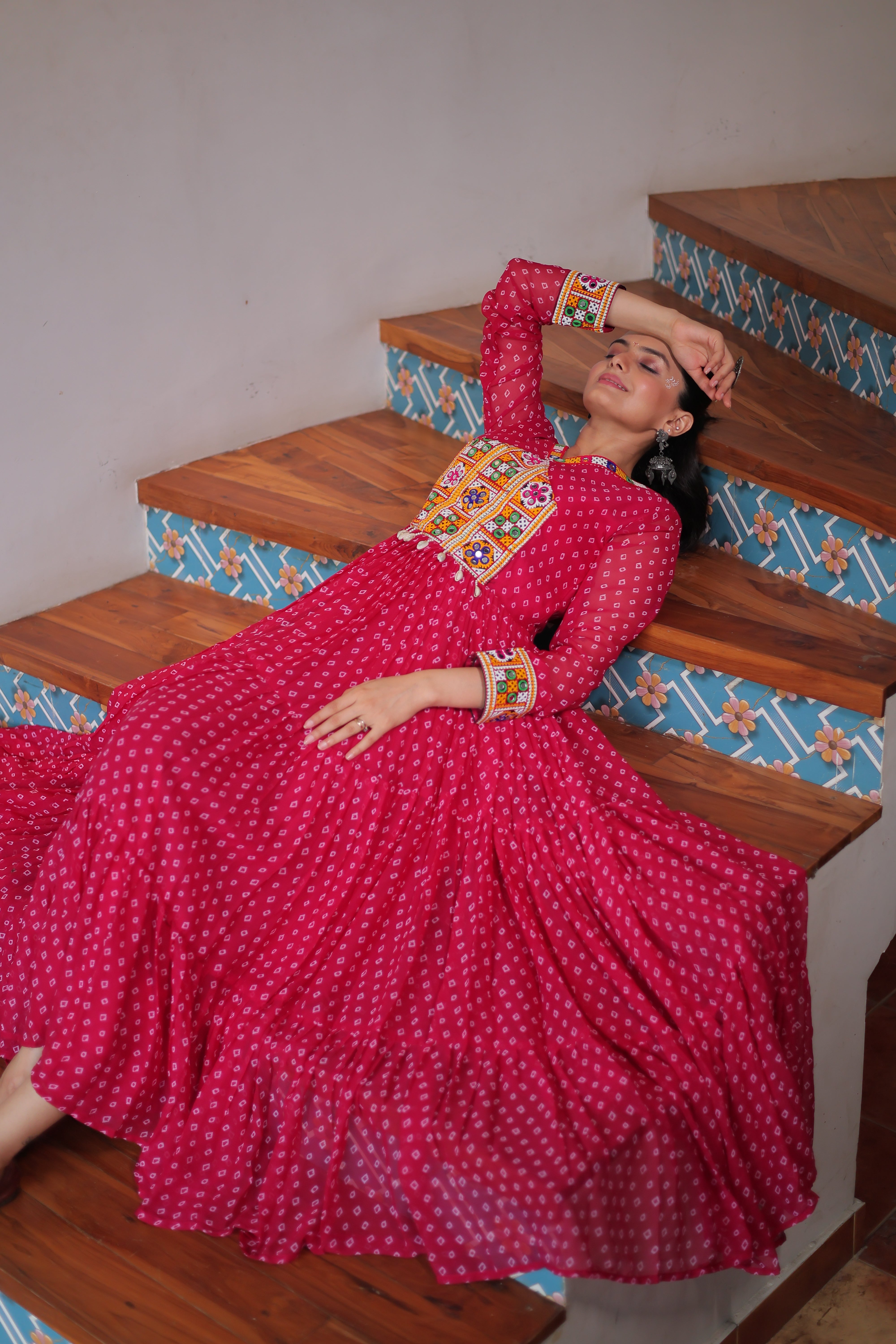 Bandhani Print Anarkali Gown with Mirror Work Yoke