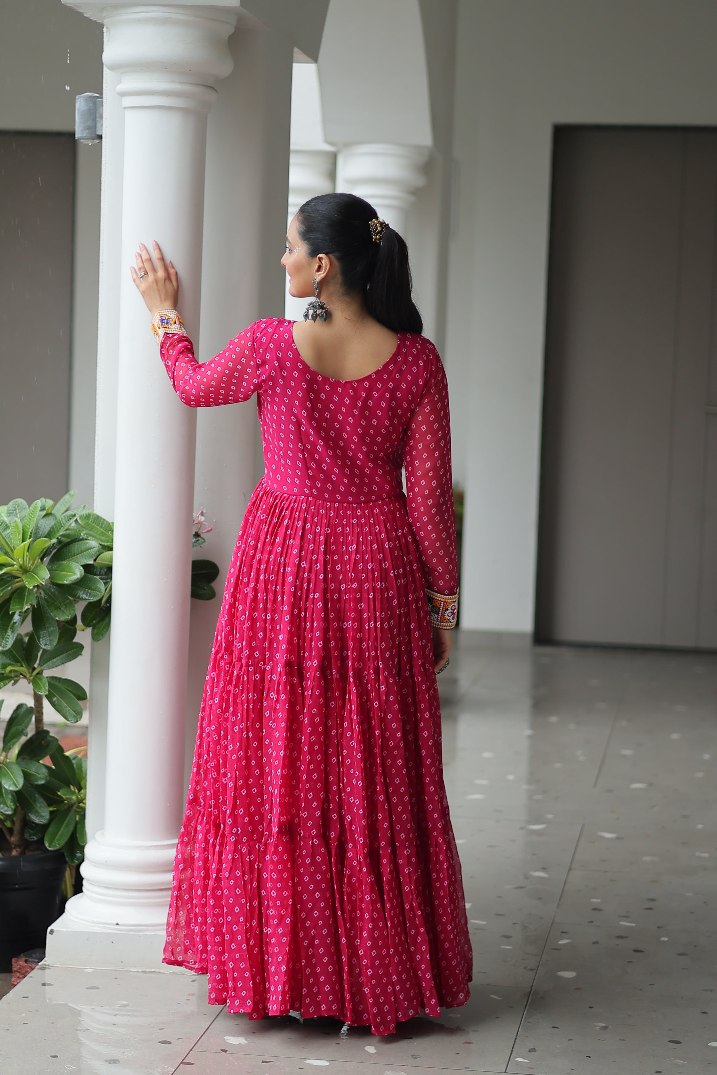 Bandhani Print Anarkali Gown with Mirror Work Yoke