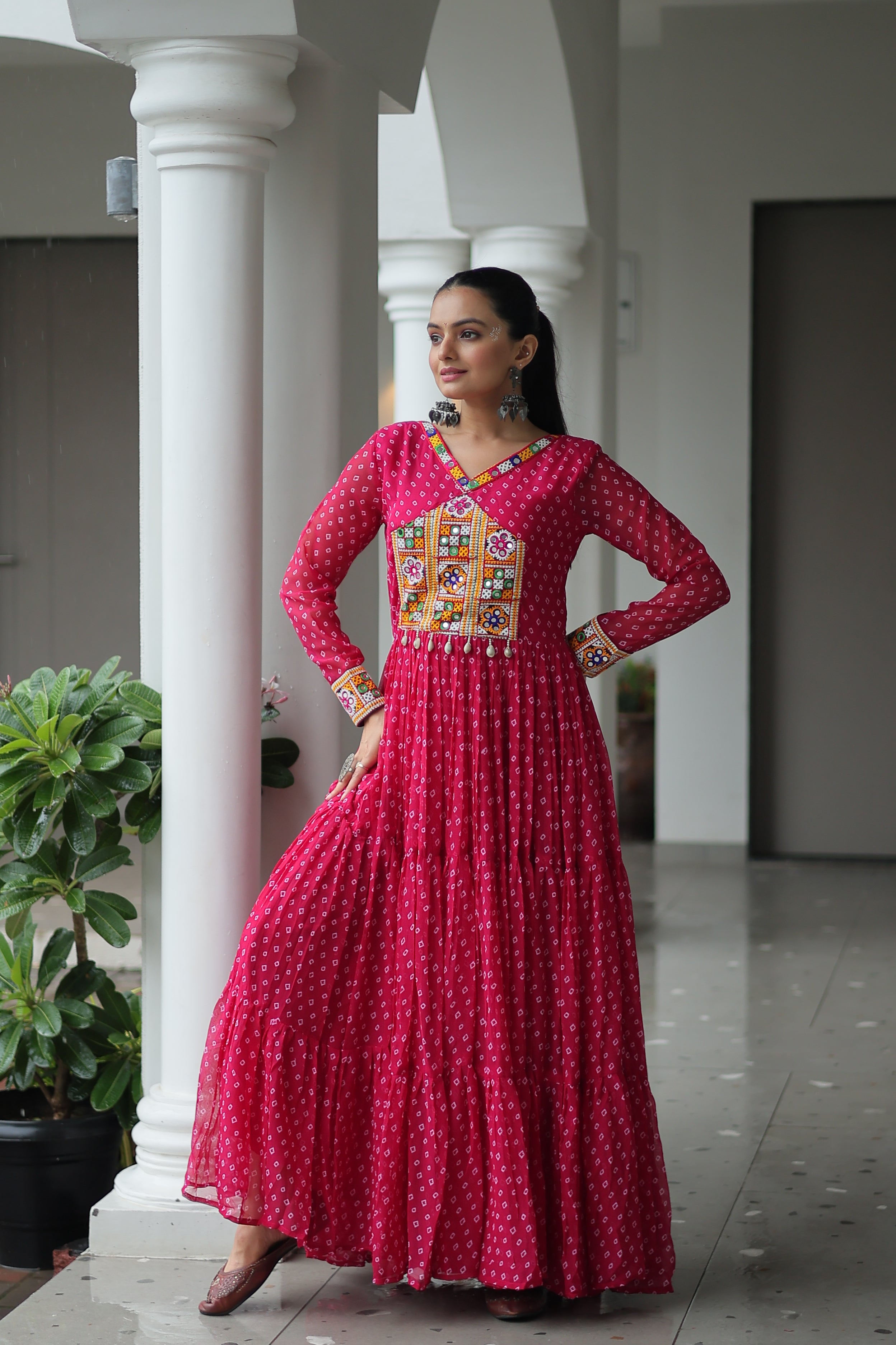 Bandhani Print Anarkali Gown with Mirror Work Yoke