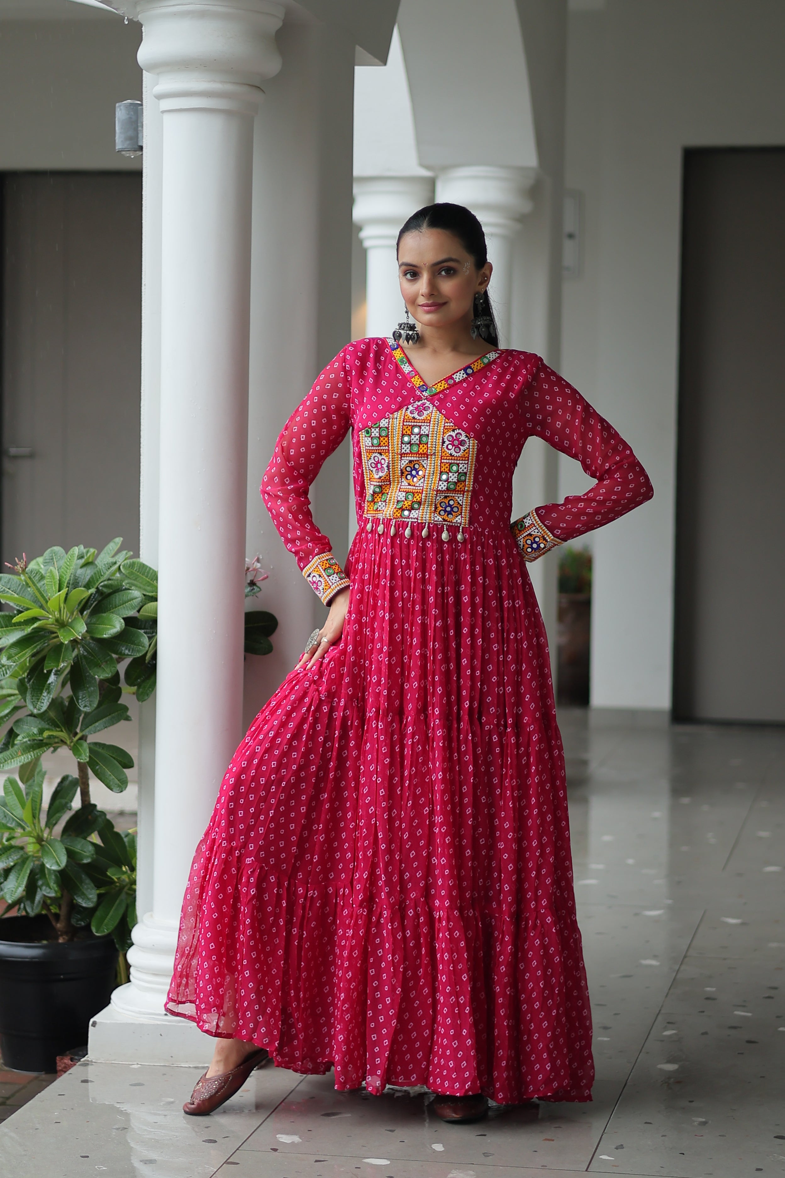 Bandhani Print Anarkali Gown with Mirror Work Yoke