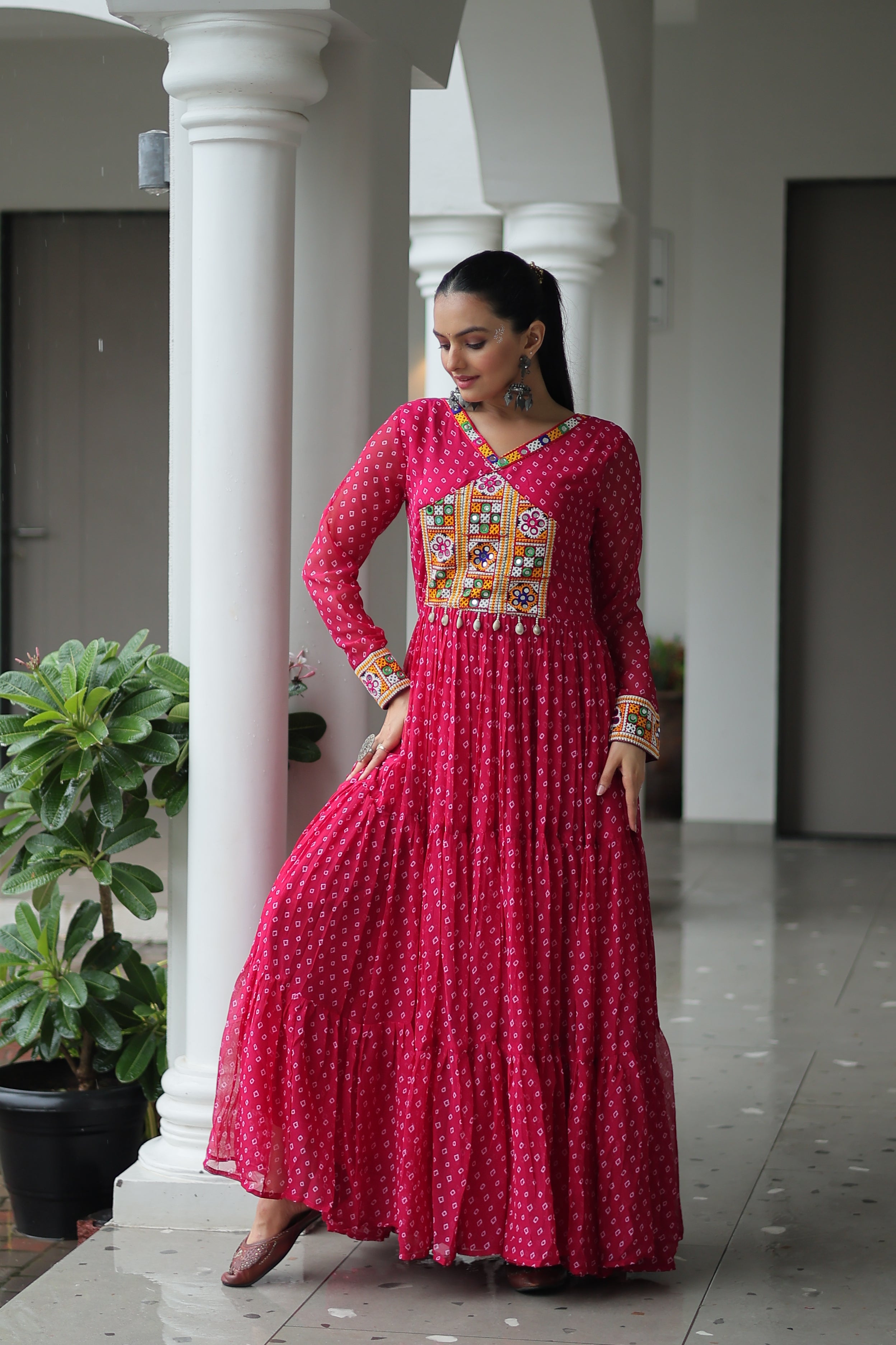 Bandhani Print Anarkali Gown with Mirror Work Yoke
