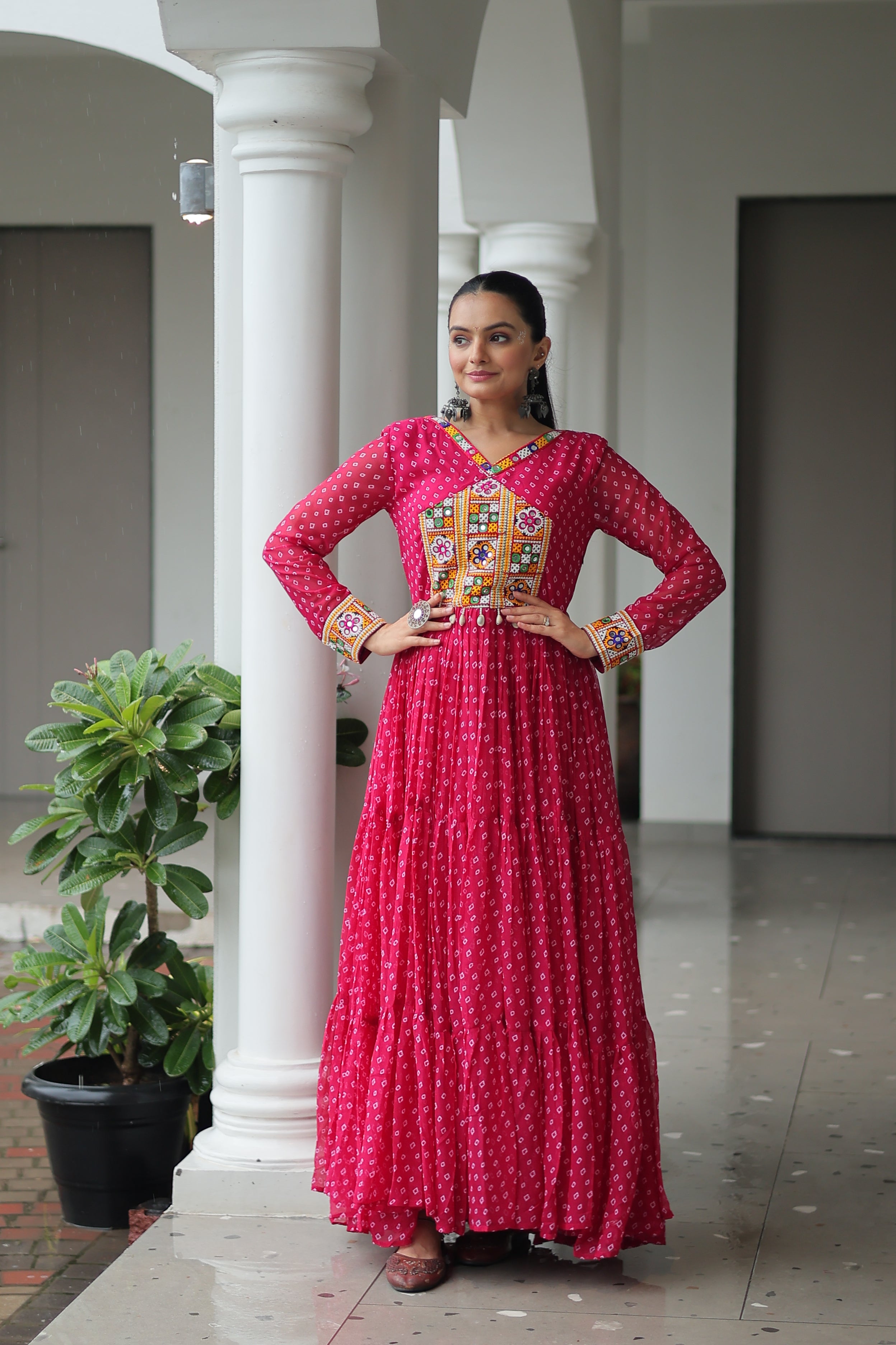 Bandhani Print Anarkali Gown with Mirror Work Yoke