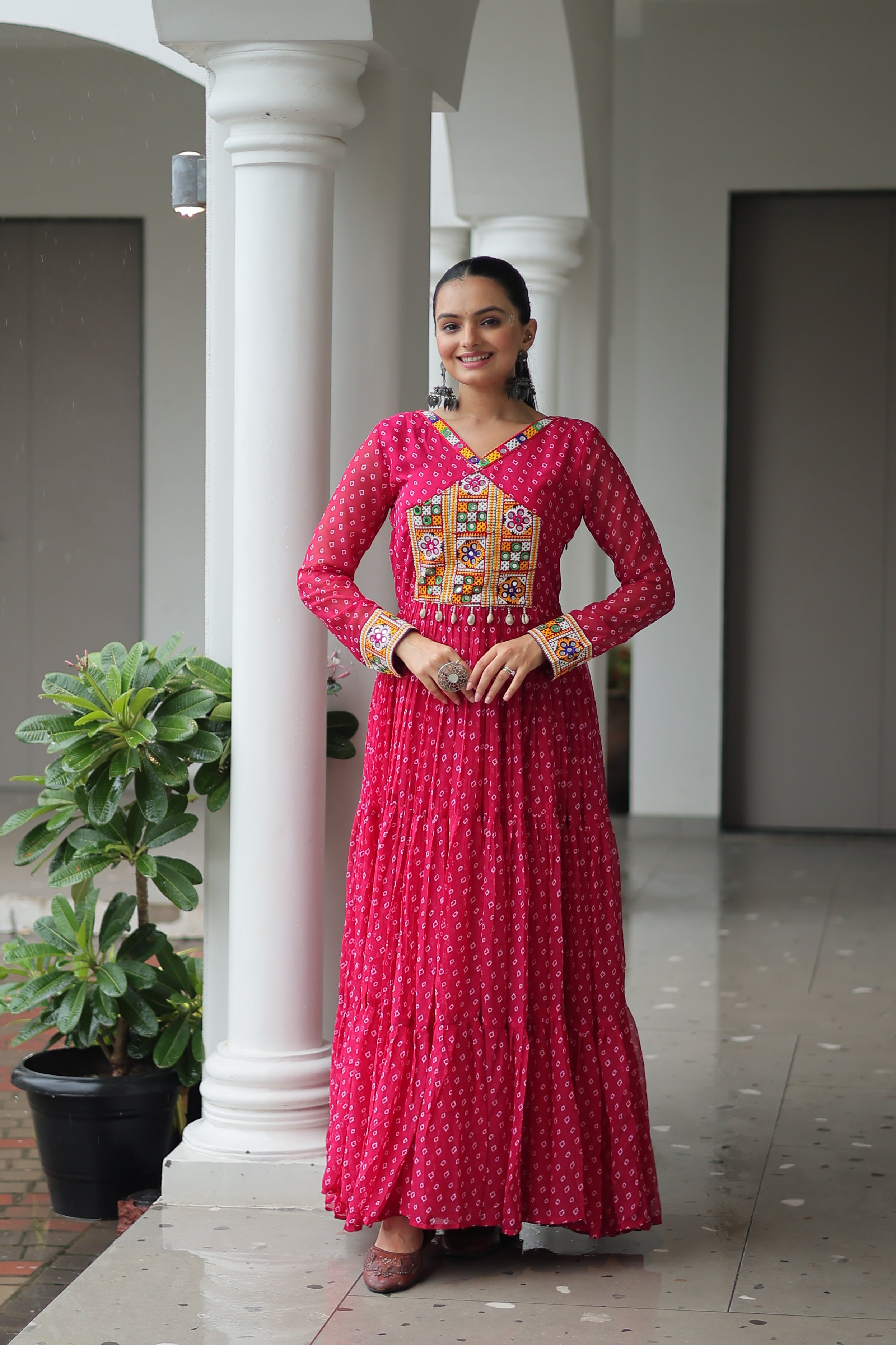 Bandhani Print Anarkali Gown with Mirror Work Yoke