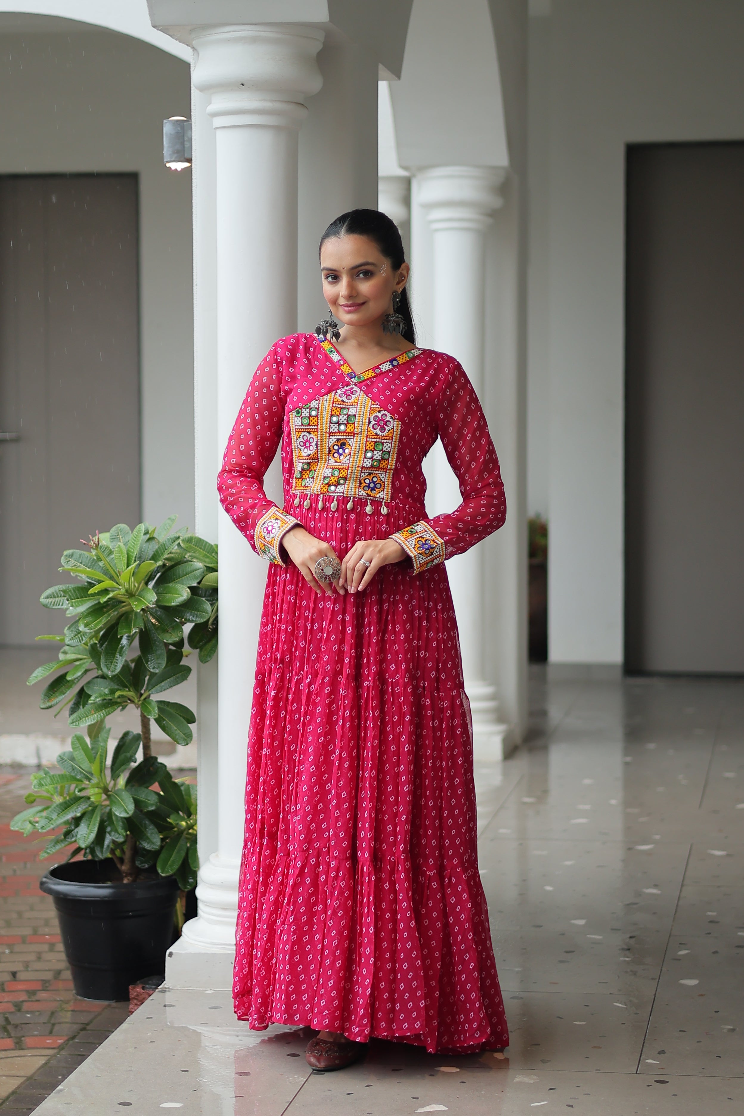 Bandhani Print Anarkali Gown with Mirror Work Yoke