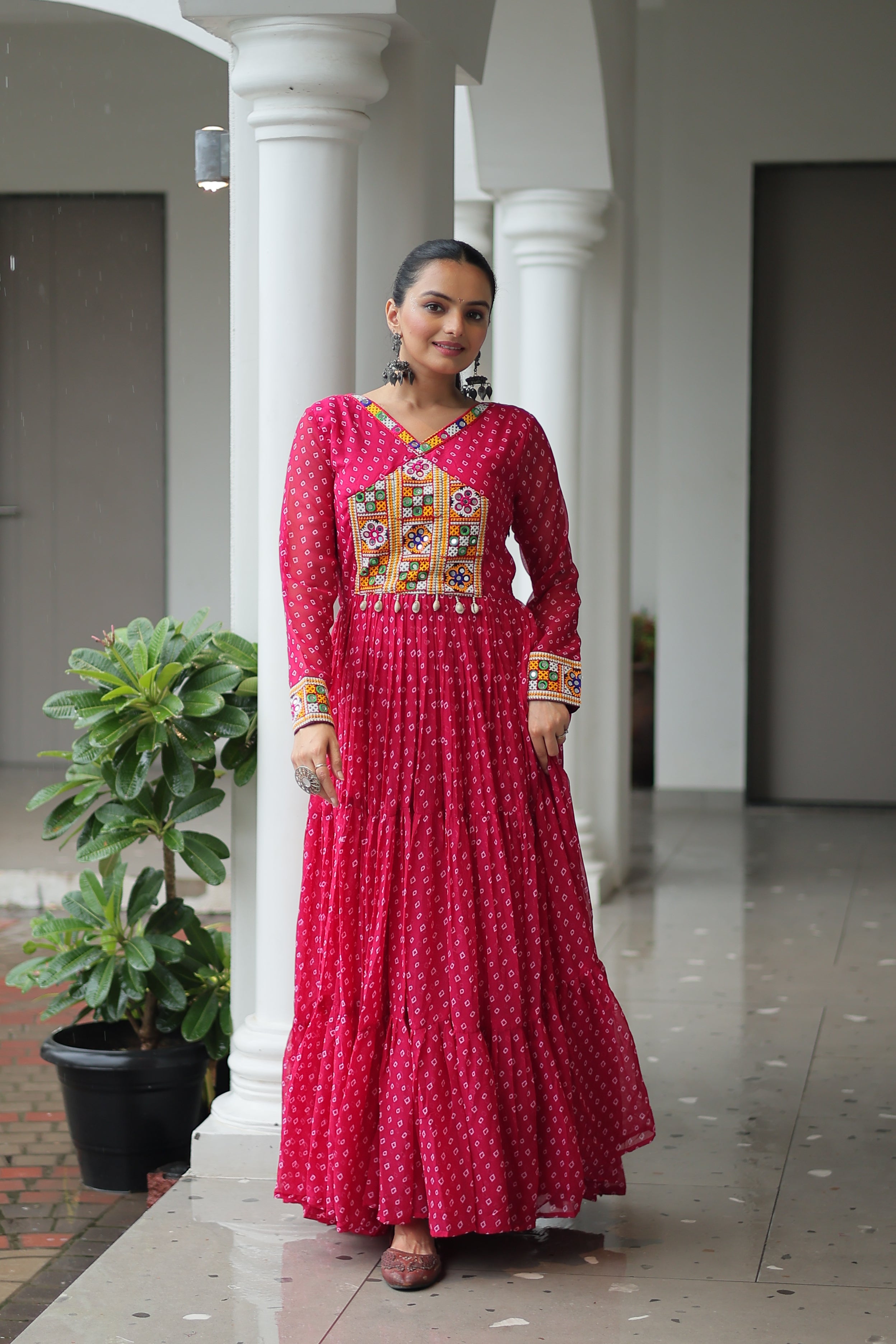 Bandhani Print Anarkali Gown with Mirror Work Yoke