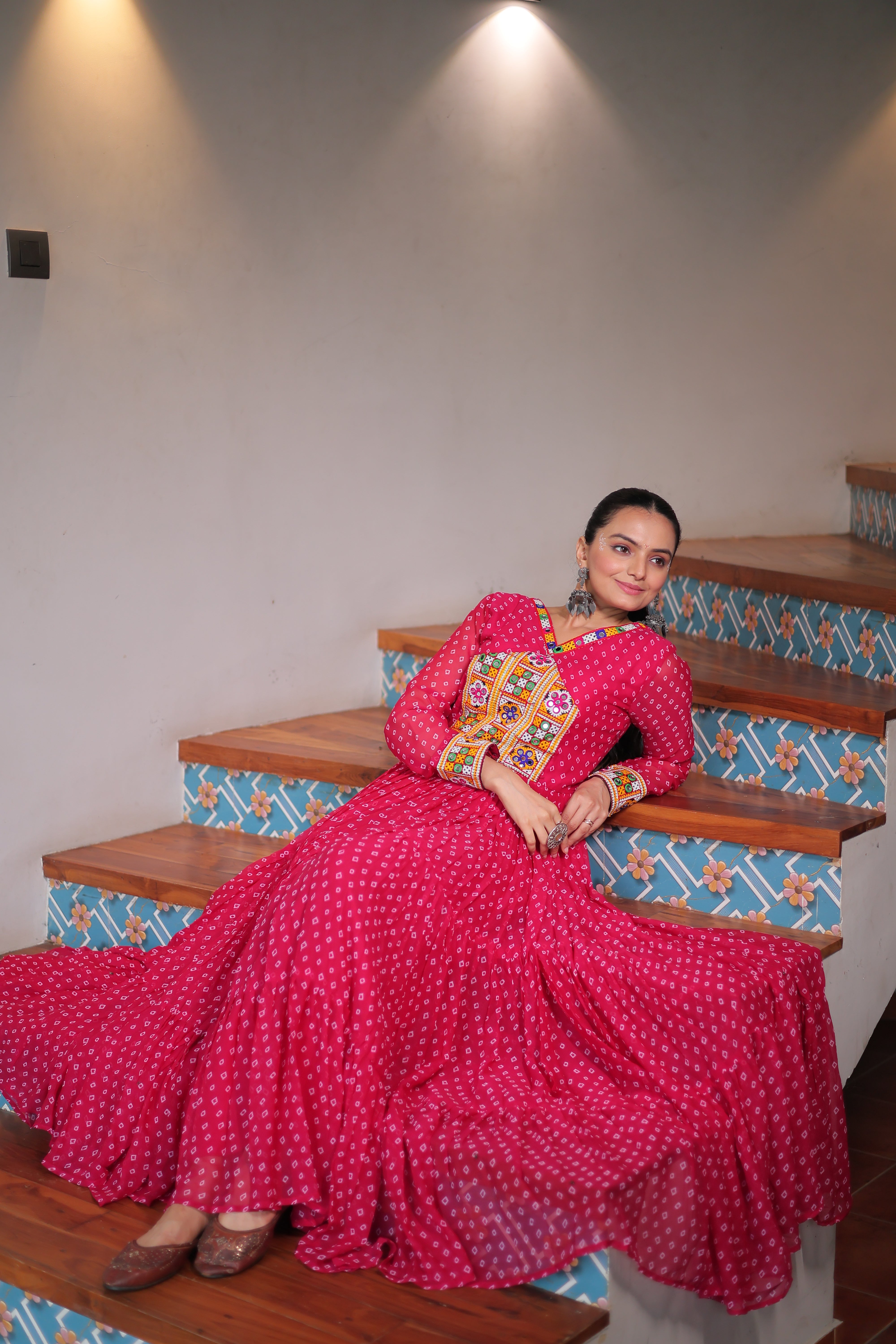 Bandhani Print Anarkali Gown with Mirror Work Yoke