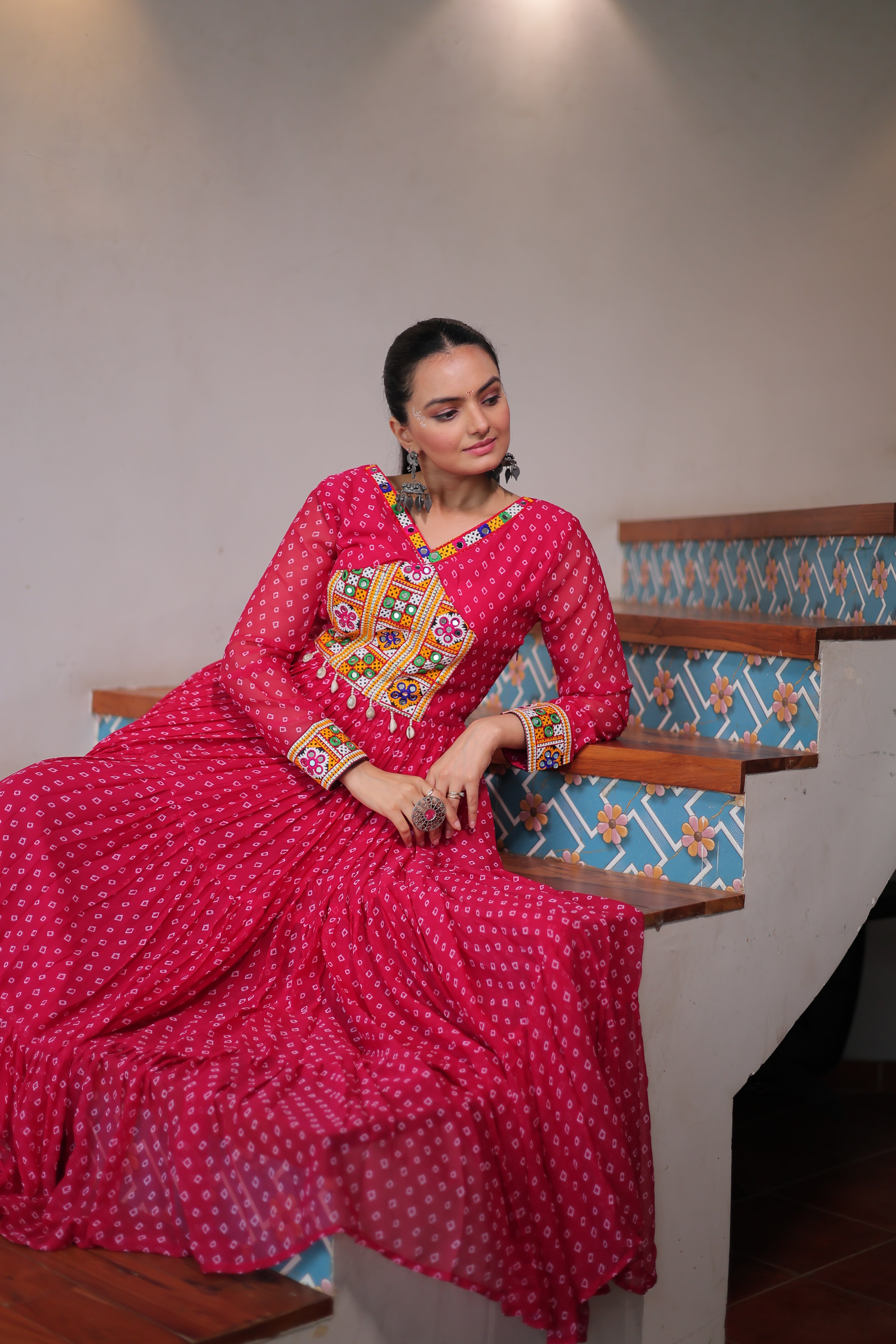 Bandhani Print Anarkali Gown with Mirror Work Yoke