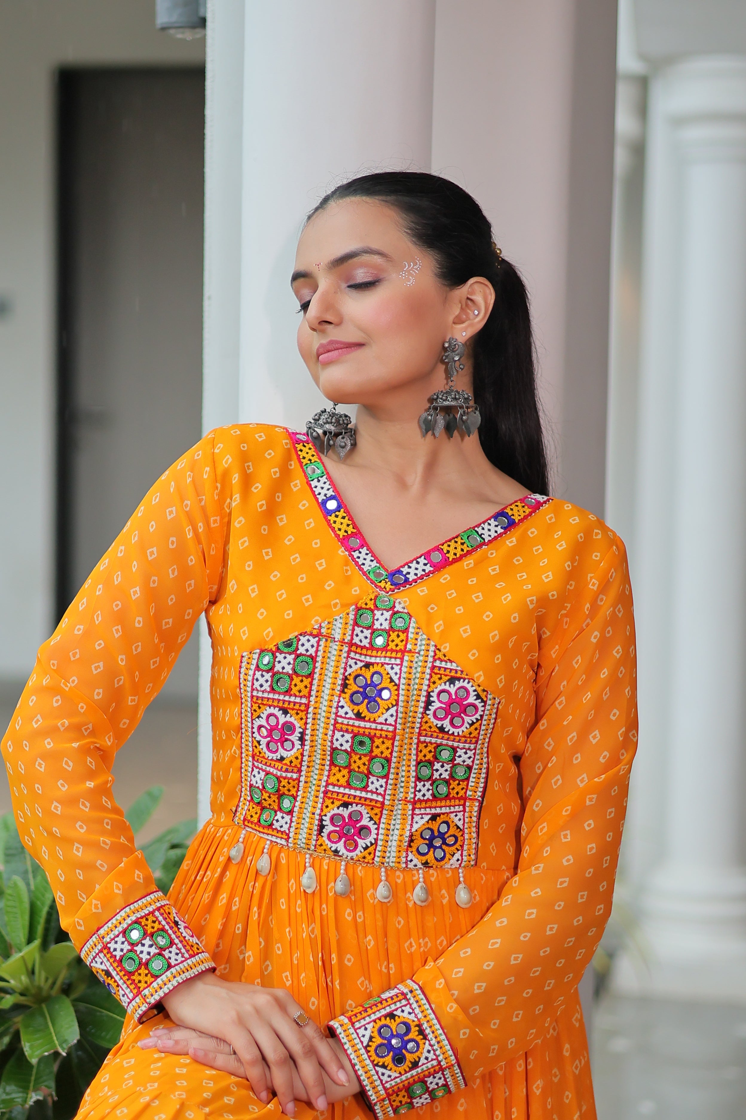 Bandhani Print Anarkali Gown with Mirror Work Yoke