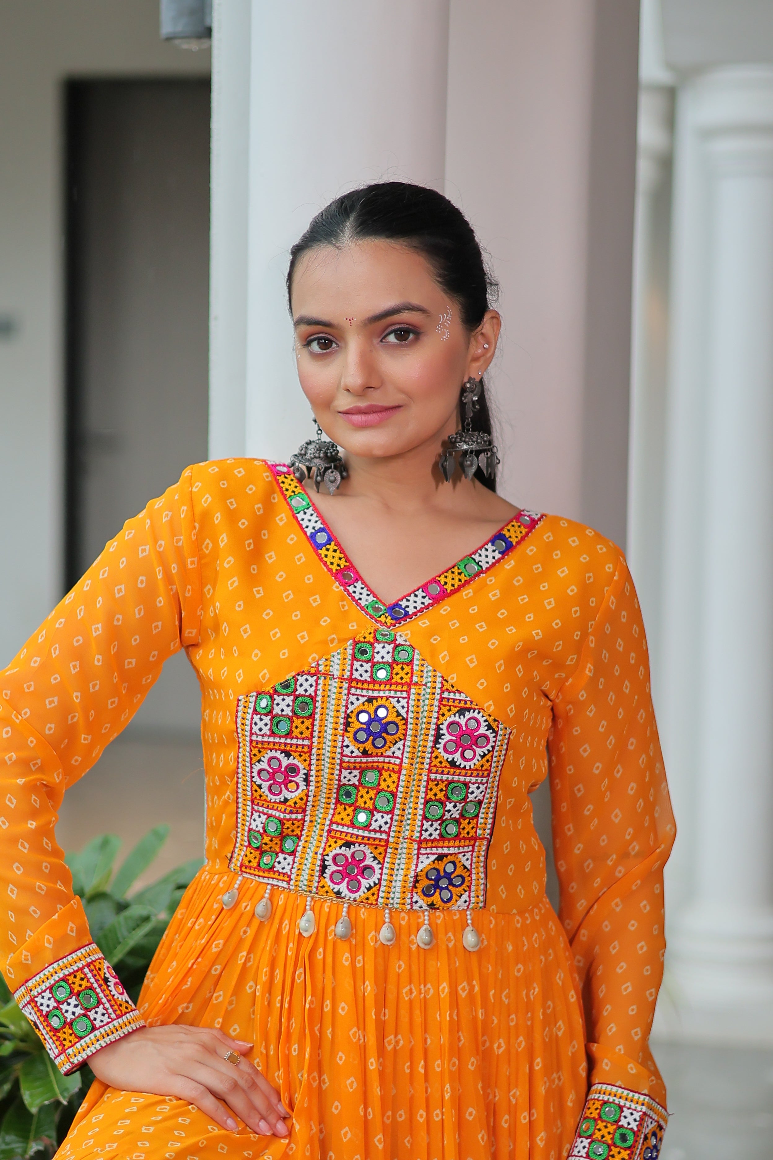 Bandhani Print Anarkali Gown with Mirror Work Yoke
