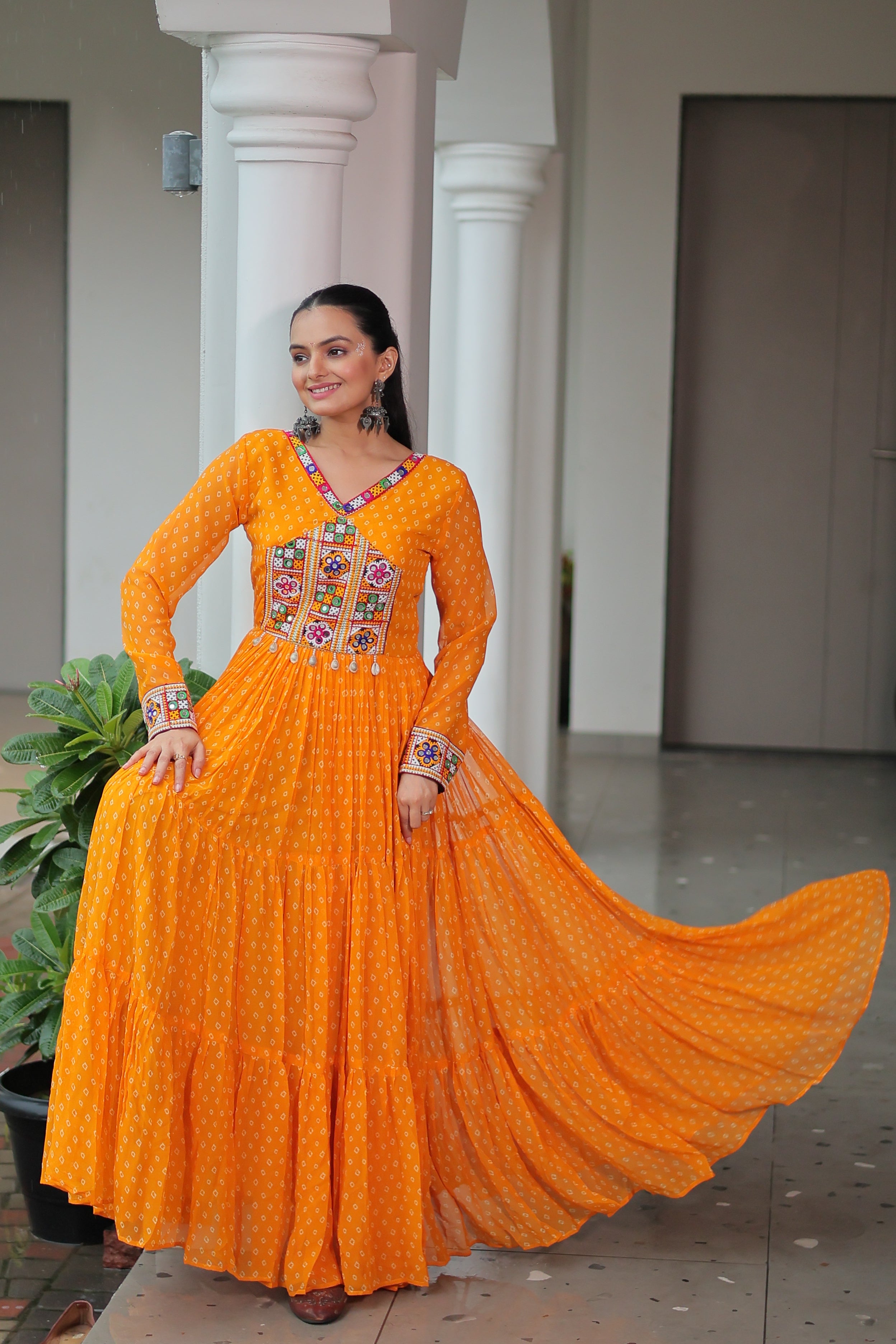 Bandhani Print Anarkali Gown with Mirror Work Yoke
