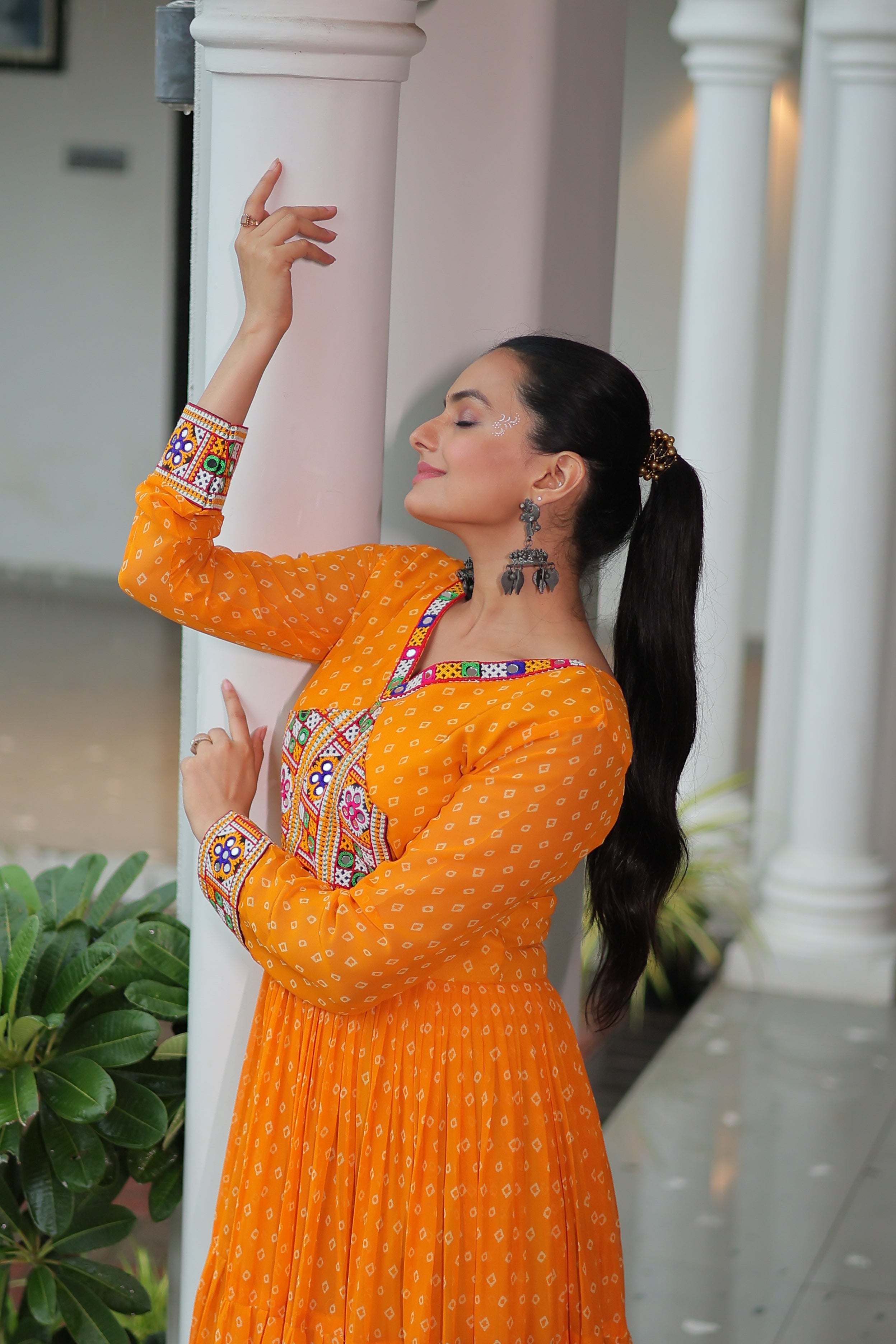 Bandhani Print Anarkali Gown with Mirror Work Yoke