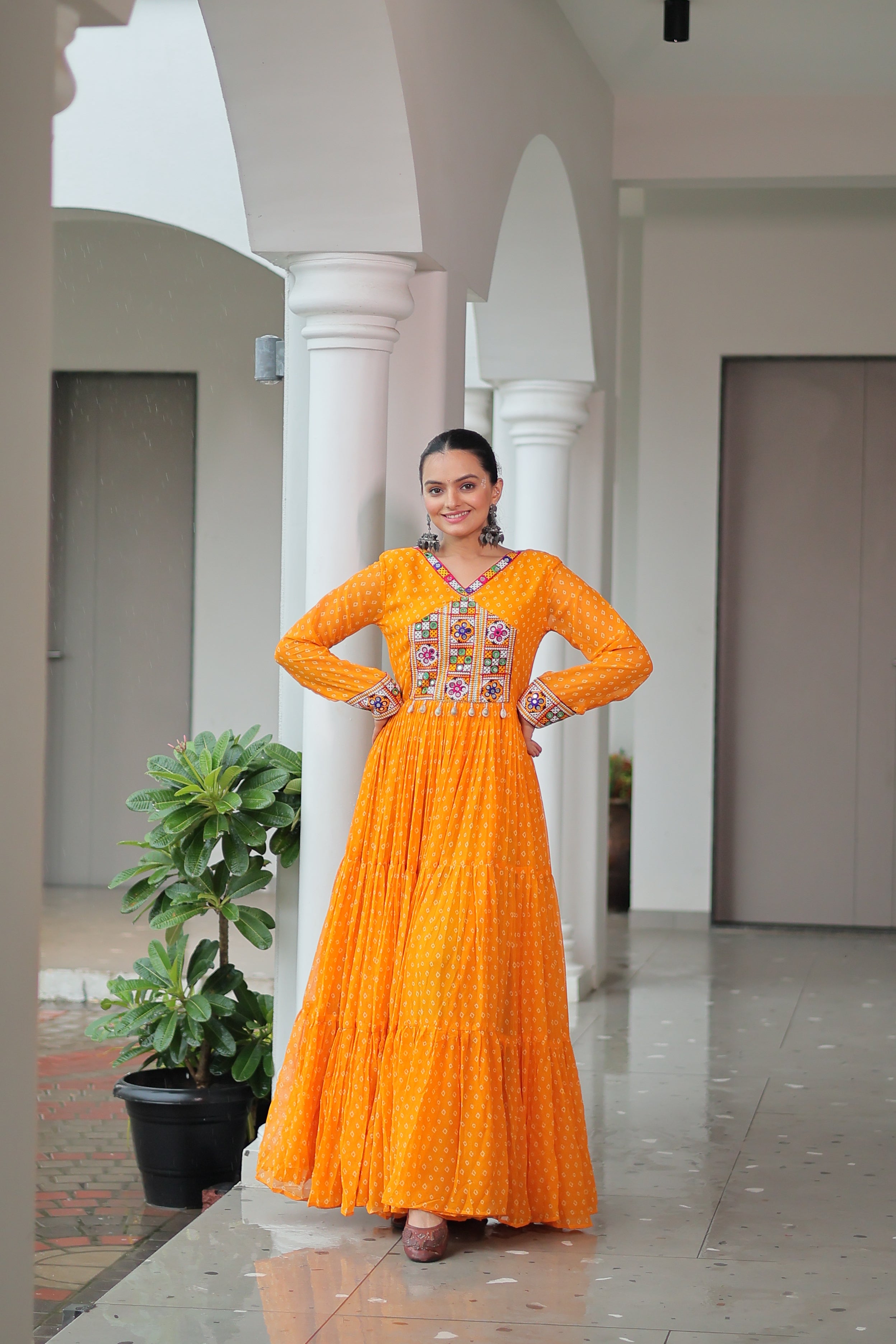 Bandhani Print Anarkali Gown with Mirror Work Yoke