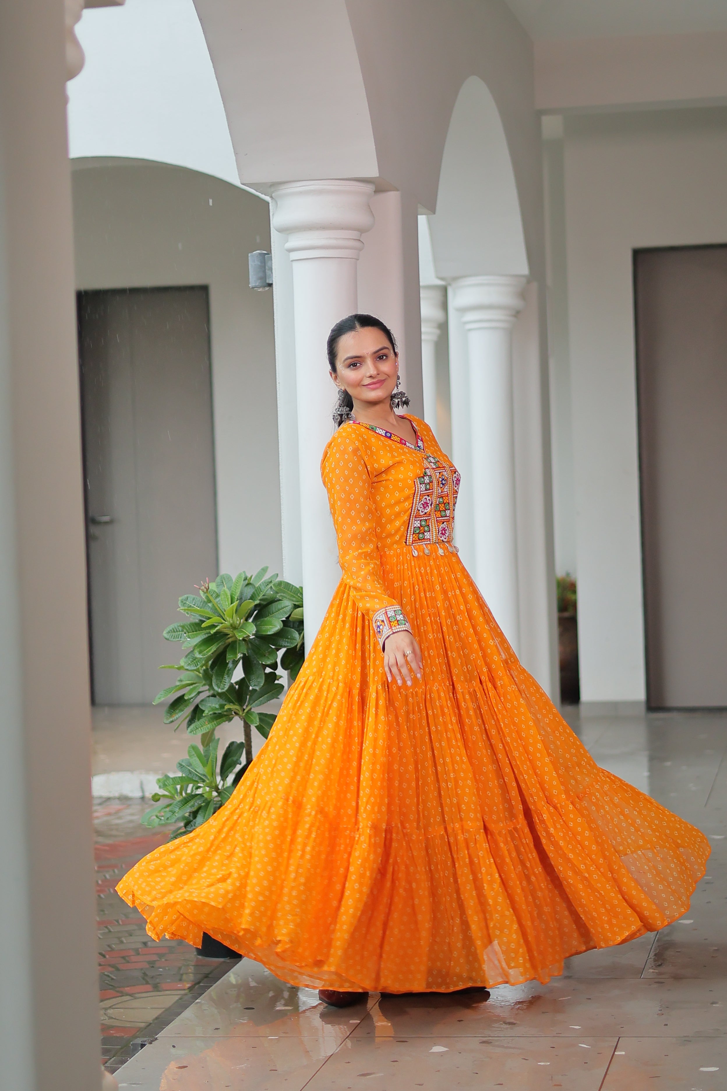 Bandhani Print Anarkali Gown with Mirror Work Yoke