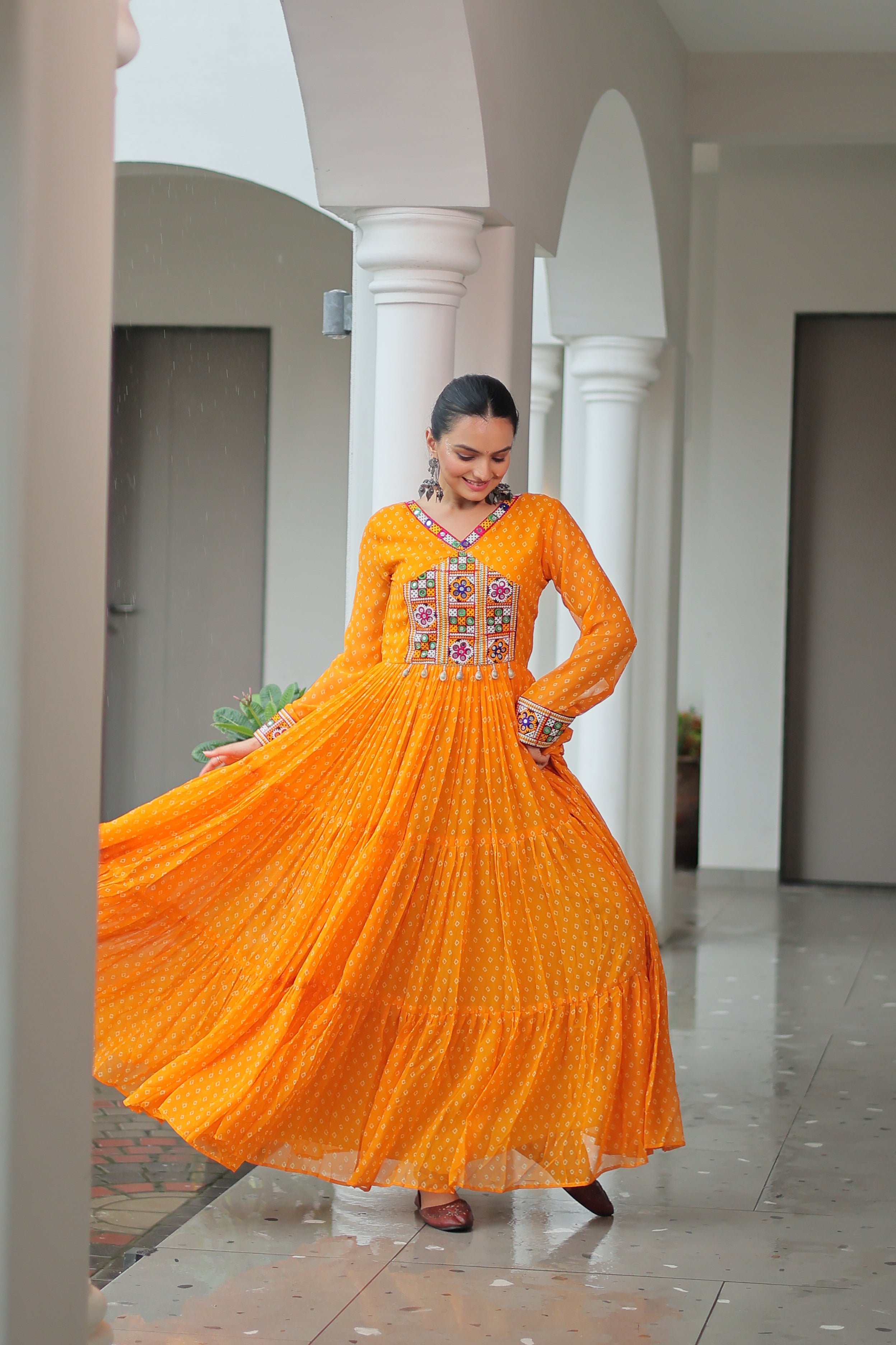 Bandhani Print Anarkali Gown with Mirror Work Yoke