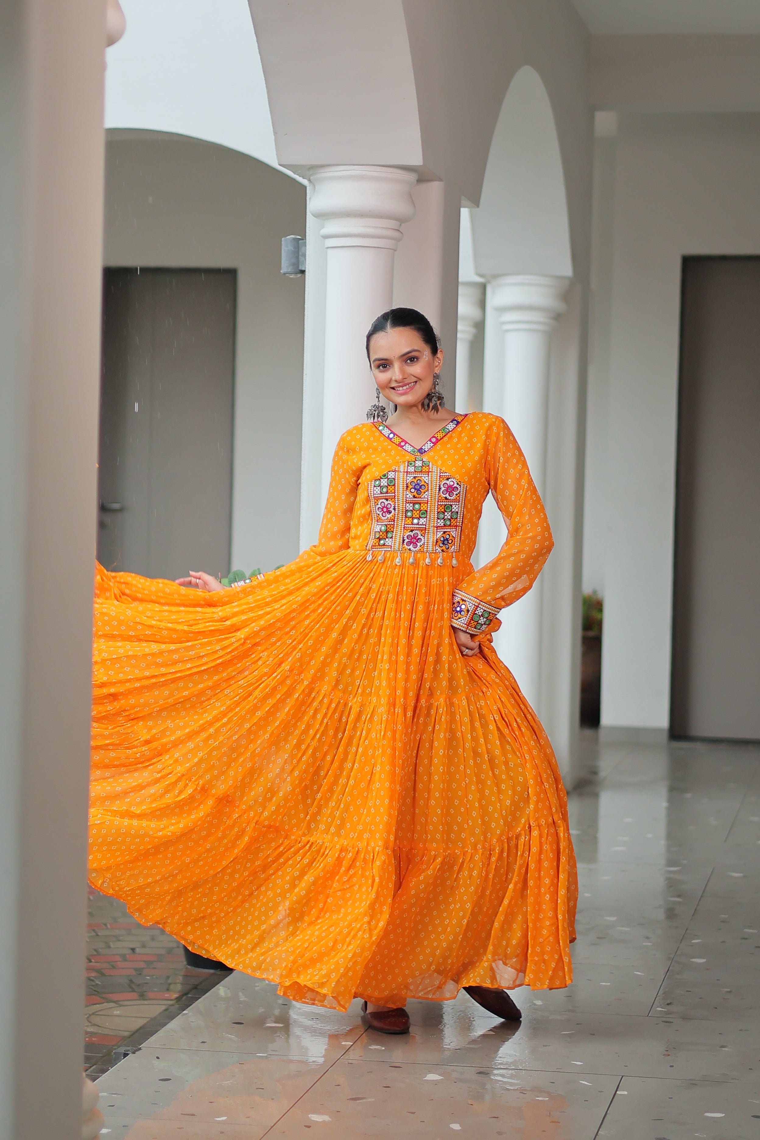 Bandhani Print Anarkali Gown with Mirror Work Yoke