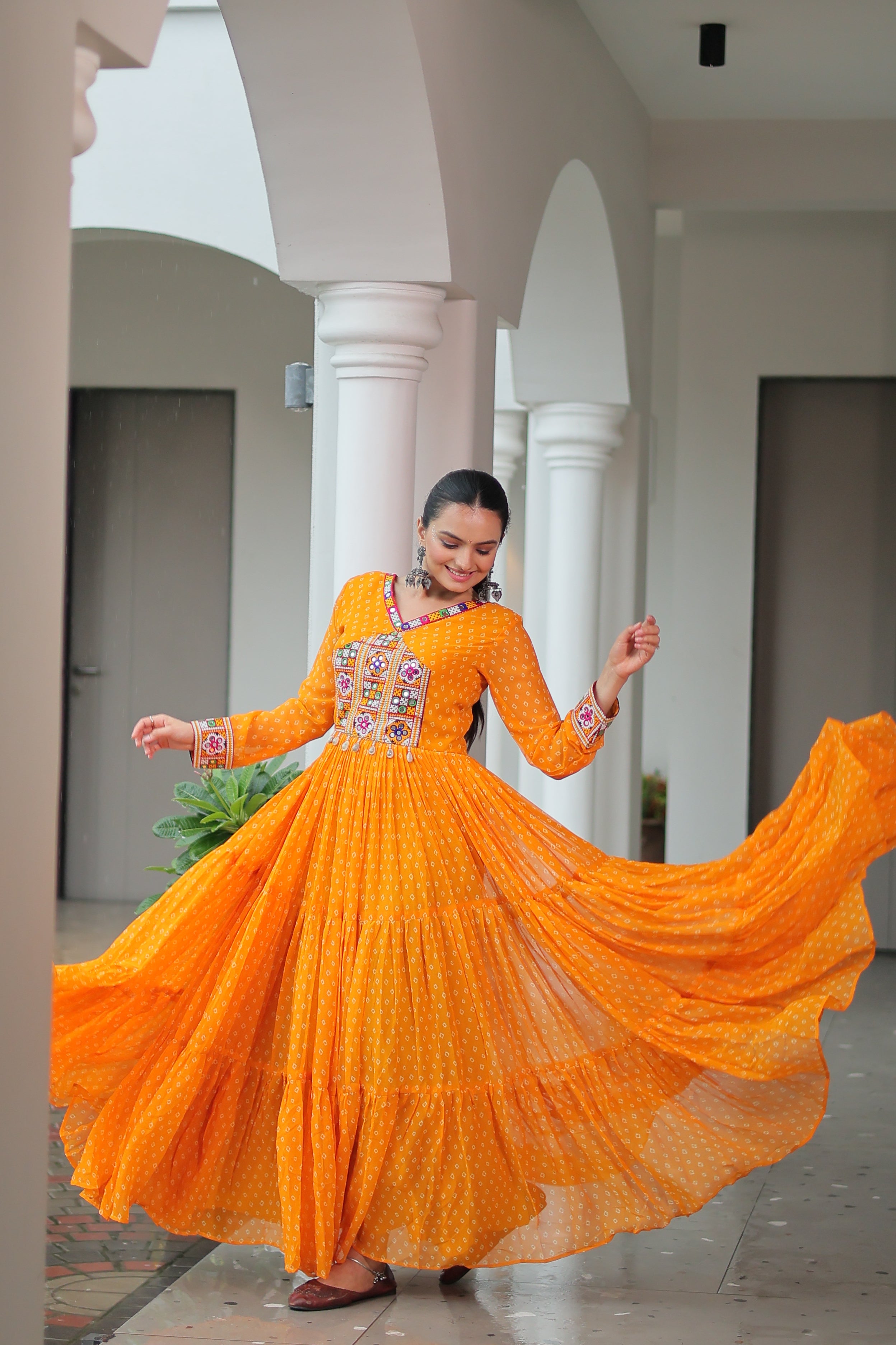 Bandhani Print Anarkali Gown with Mirror Work Yoke