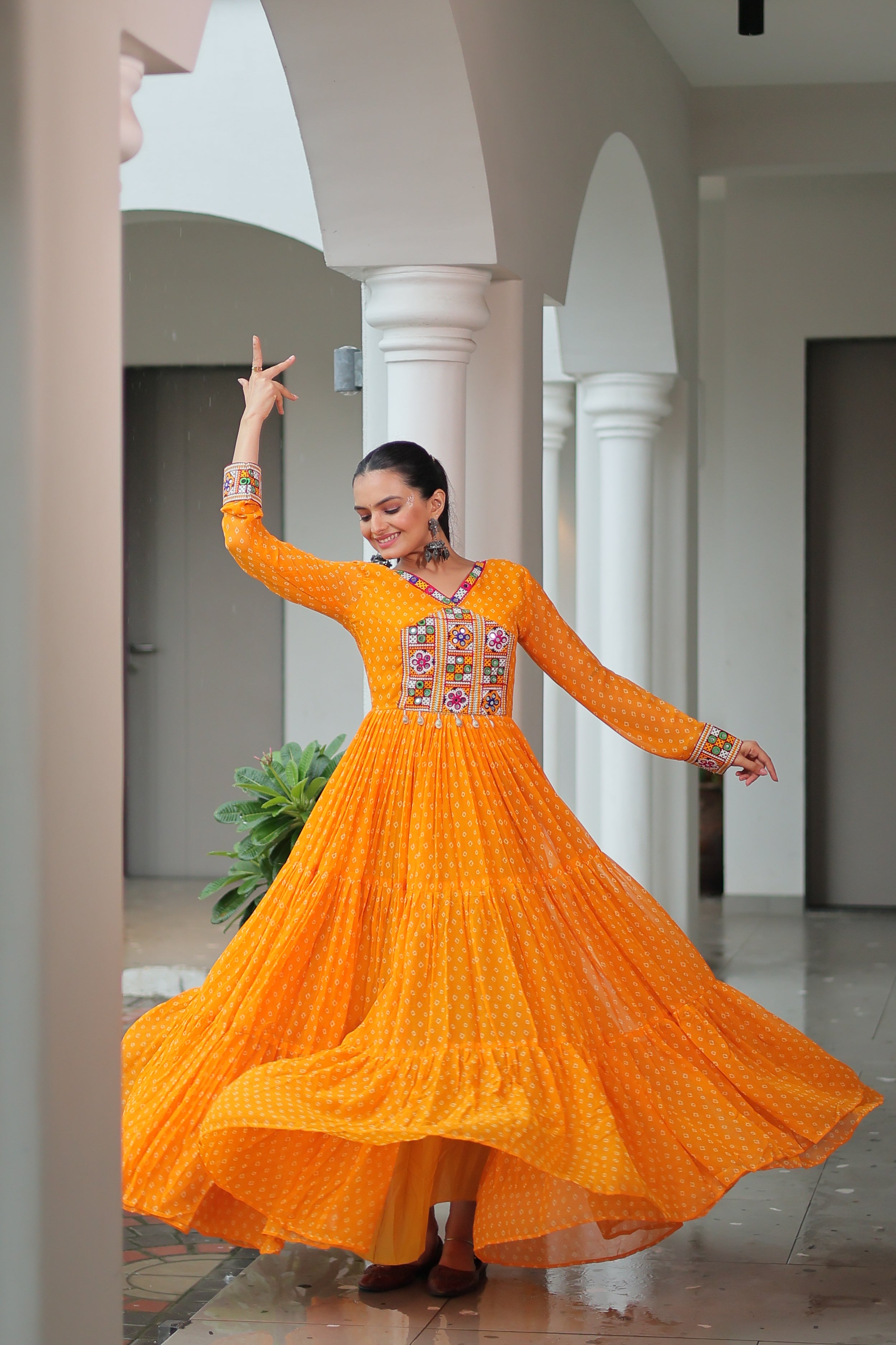 Bandhani Print Anarkali Gown with Mirror Work Yoke