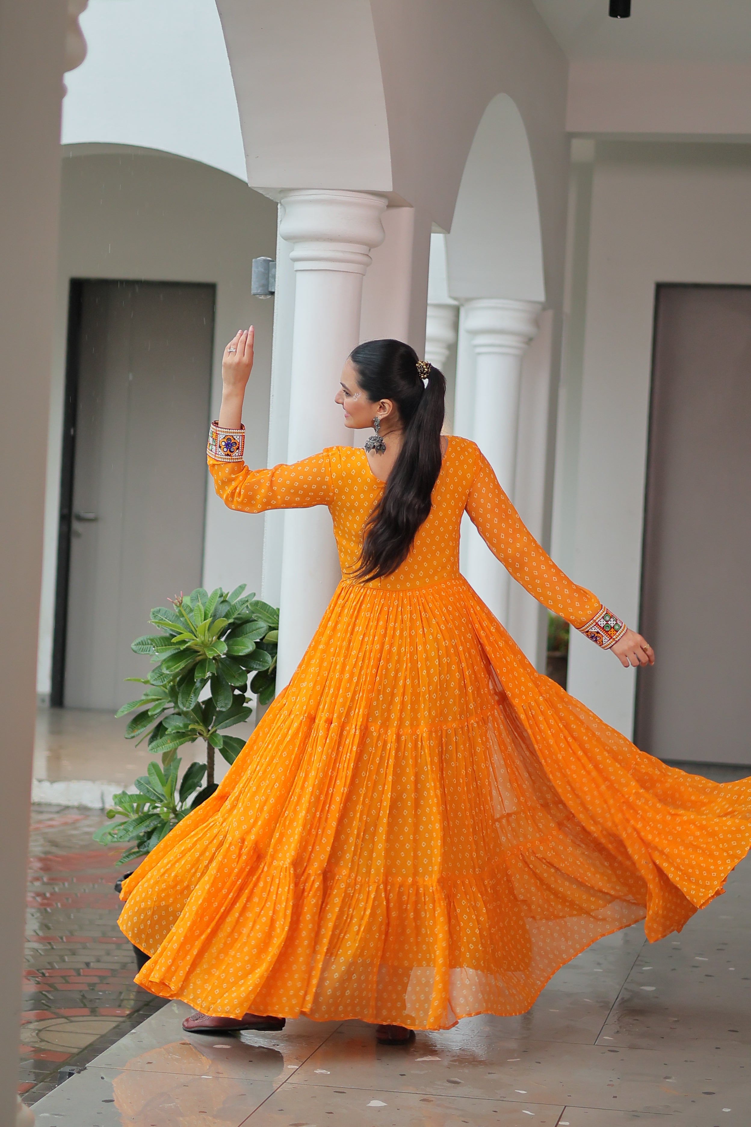 Bandhani Print Anarkali Gown with Mirror Work Yoke