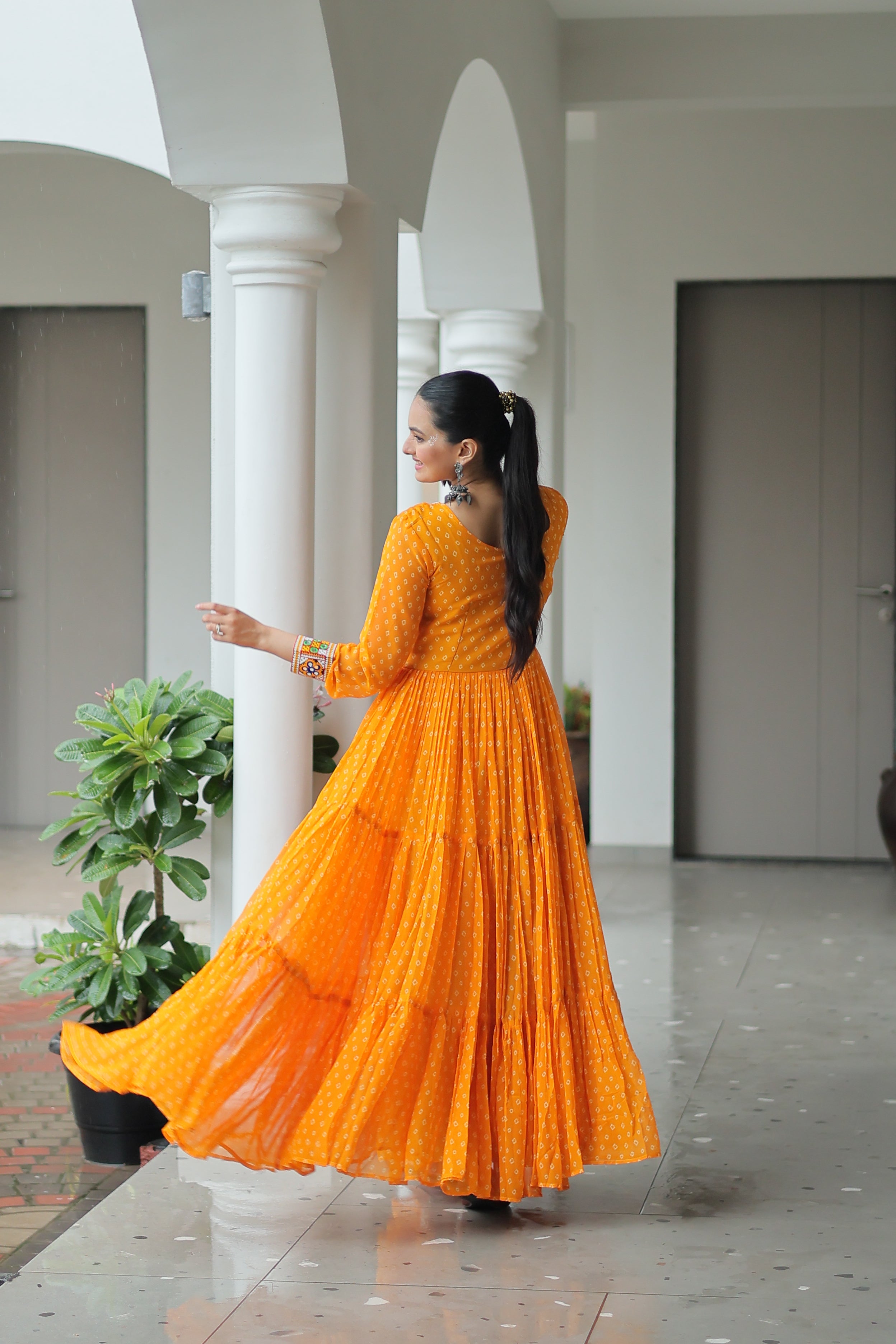 Bandhani Print Anarkali Gown with Mirror Work Yoke