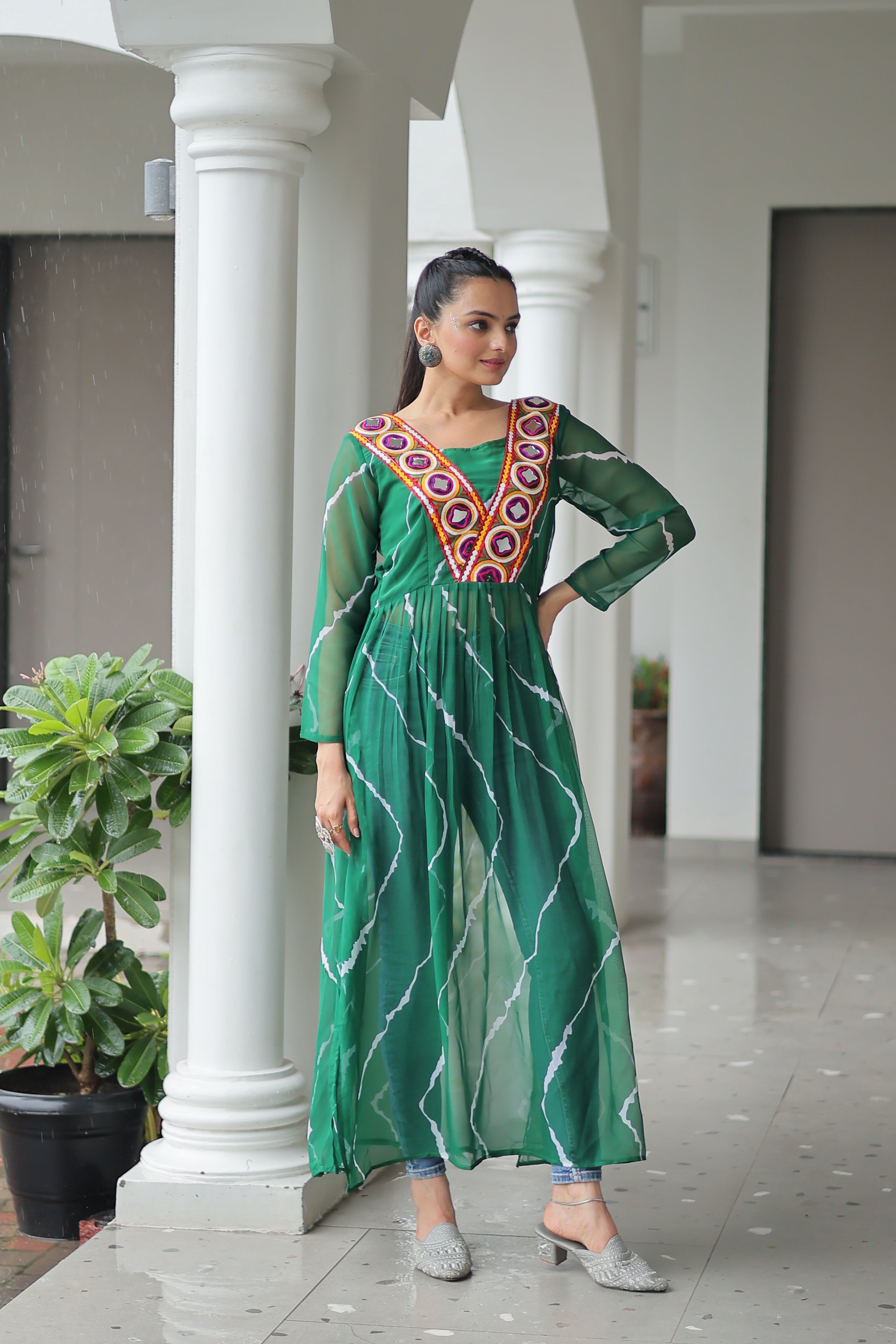 Traditional Bandhej Anarkali Dress with Vibrant Mirror Work Yoke