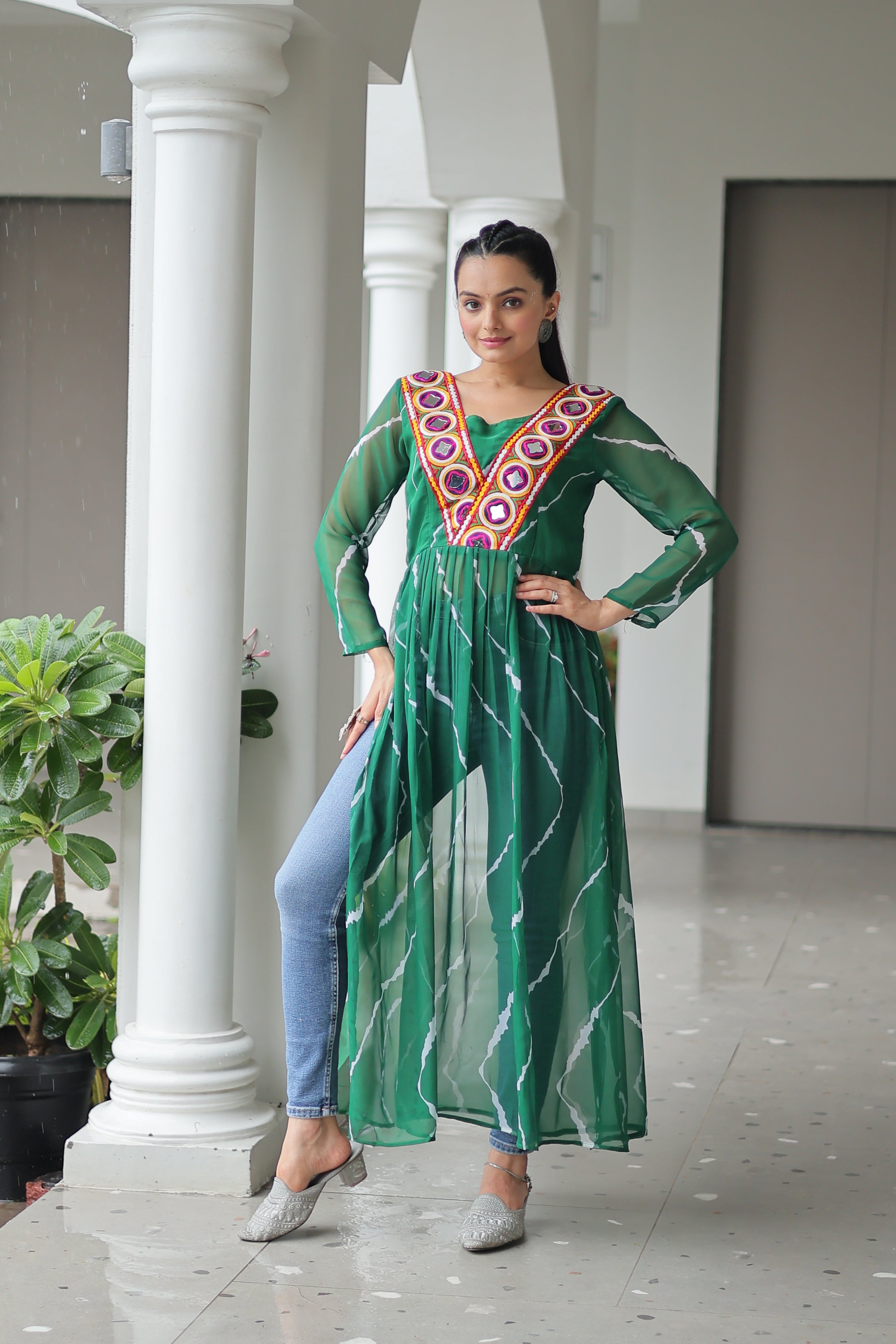 Traditional Bandhej Anarkali Dress with Vibrant Mirror Work Yoke