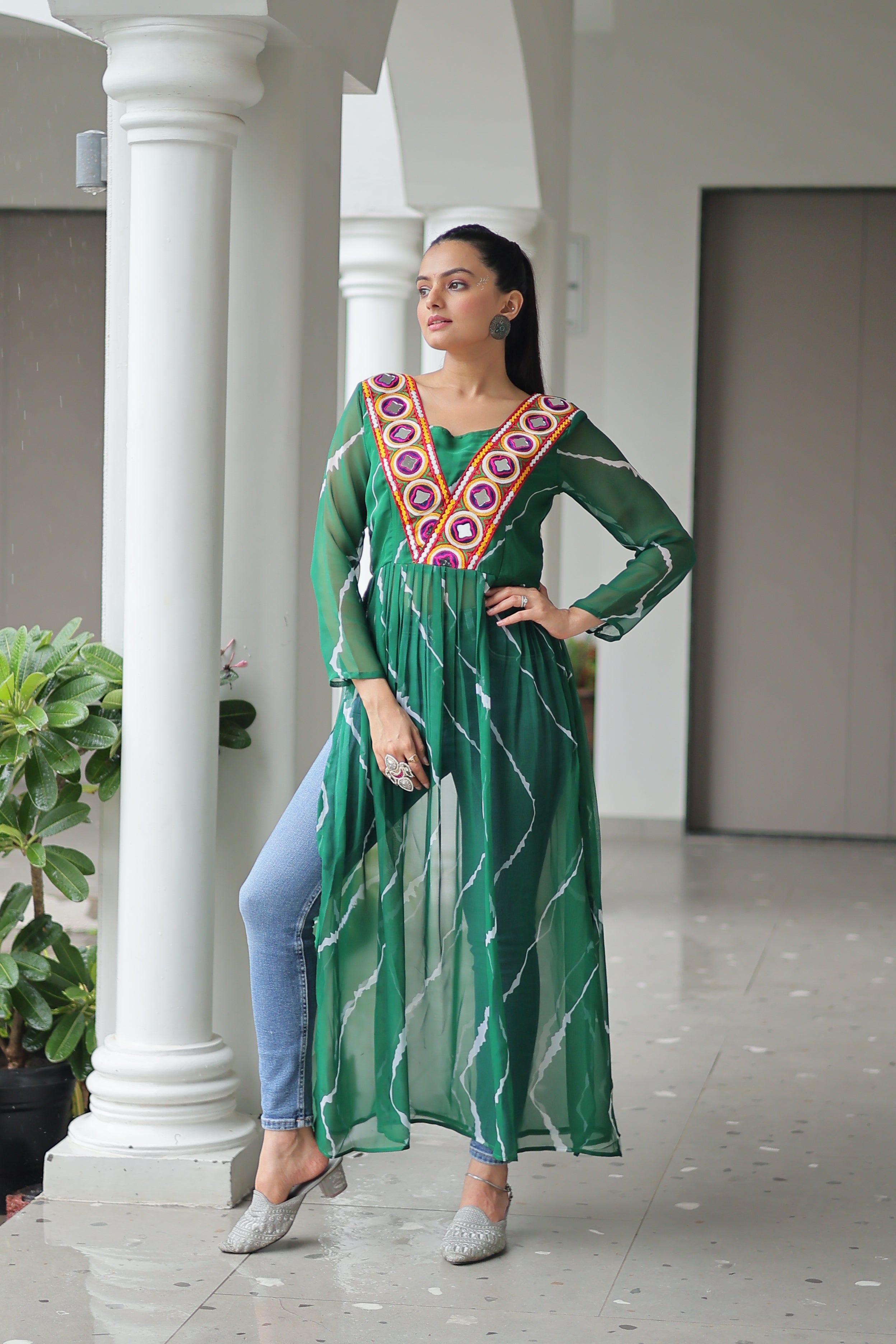 Traditional Bandhej Anarkali Dress with Vibrant Mirror Work Yoke