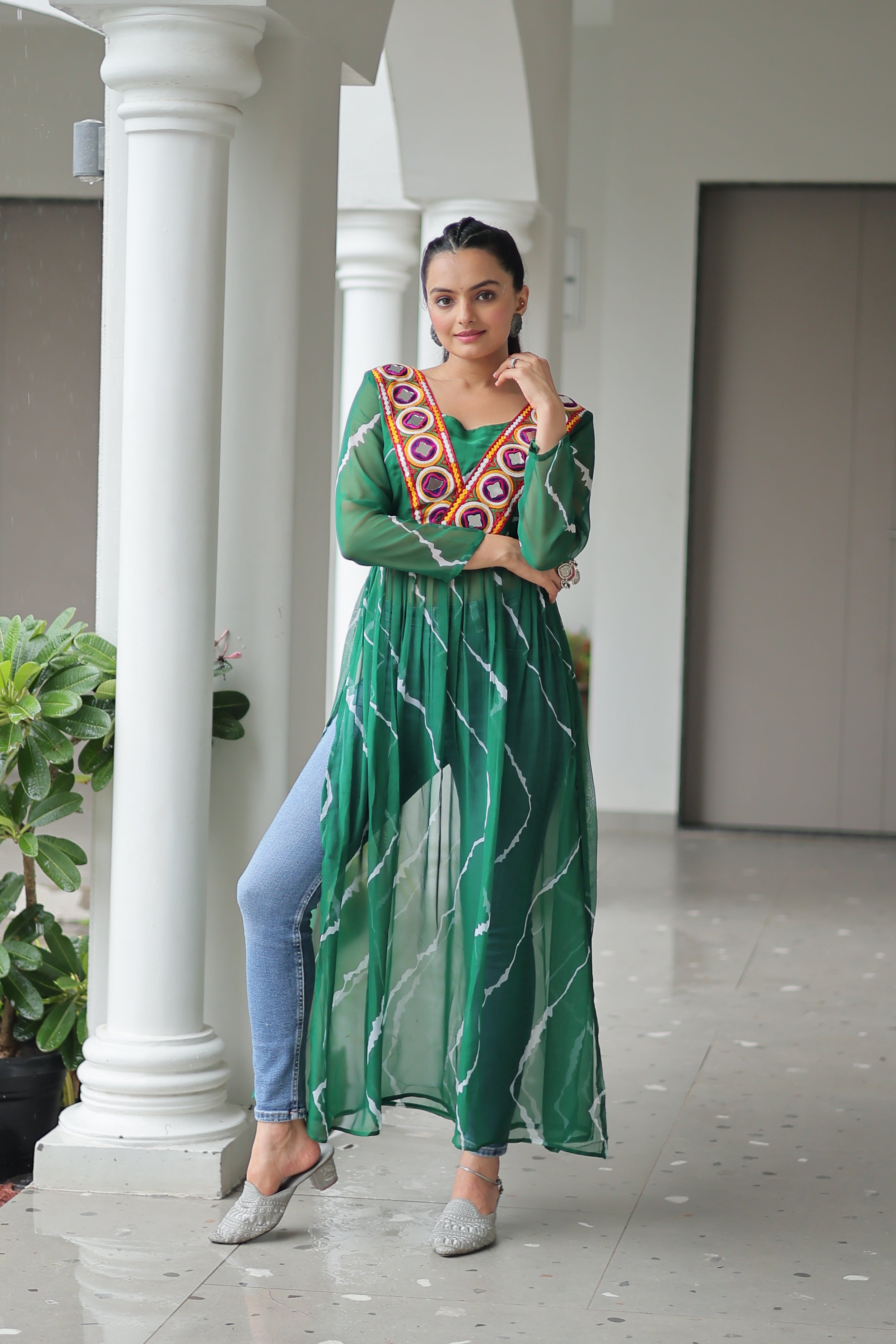 Traditional Bandhej Anarkali Dress with Vibrant Mirror Work Yoke