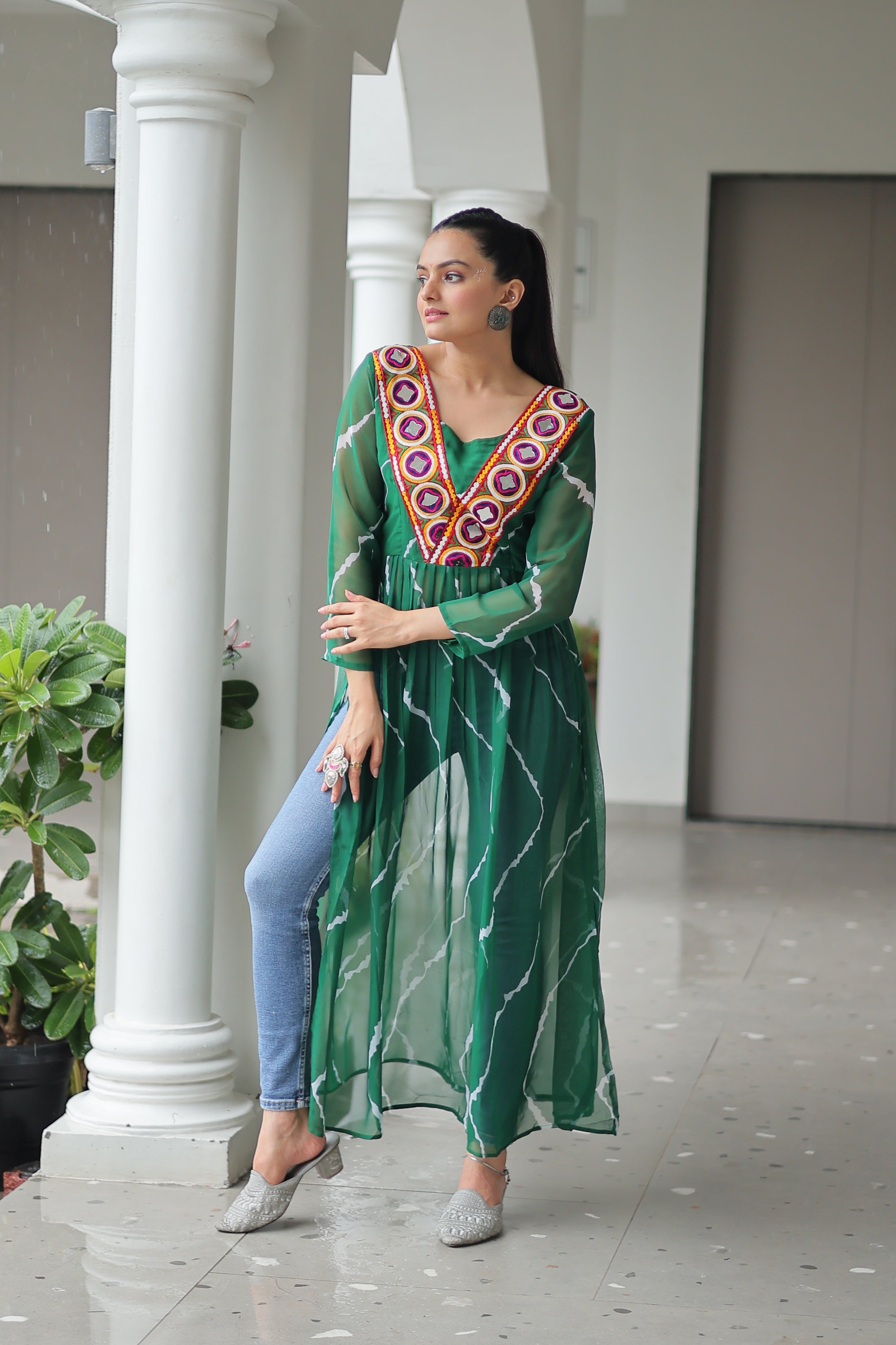 Traditional Bandhej Anarkali Dress with Vibrant Mirror Work Yoke