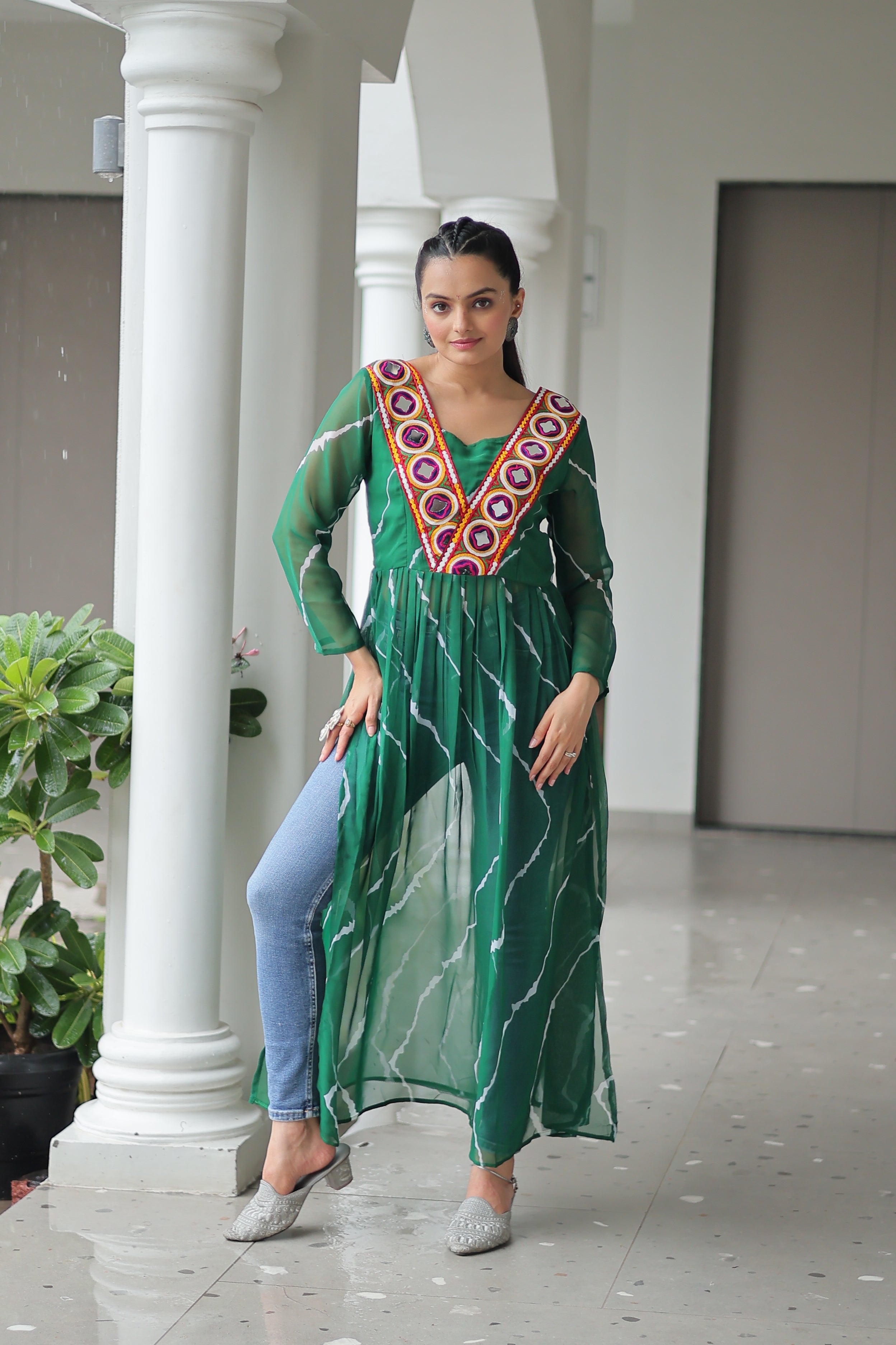 Traditional Bandhej Anarkali Dress with Vibrant Mirror Work Yoke