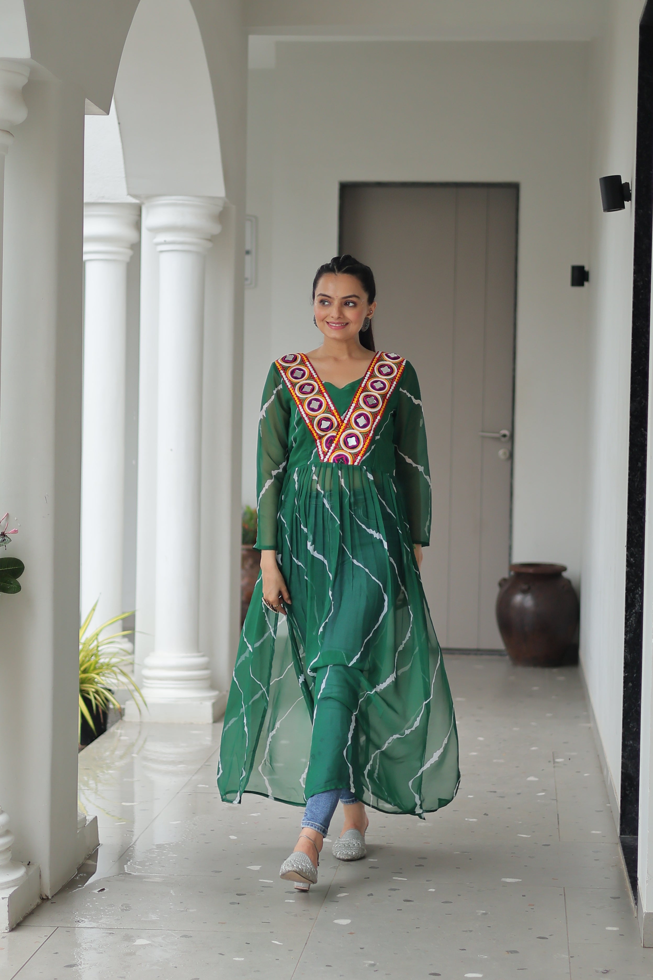 Traditional Bandhej Anarkali Dress with Vibrant Mirror Work Yoke