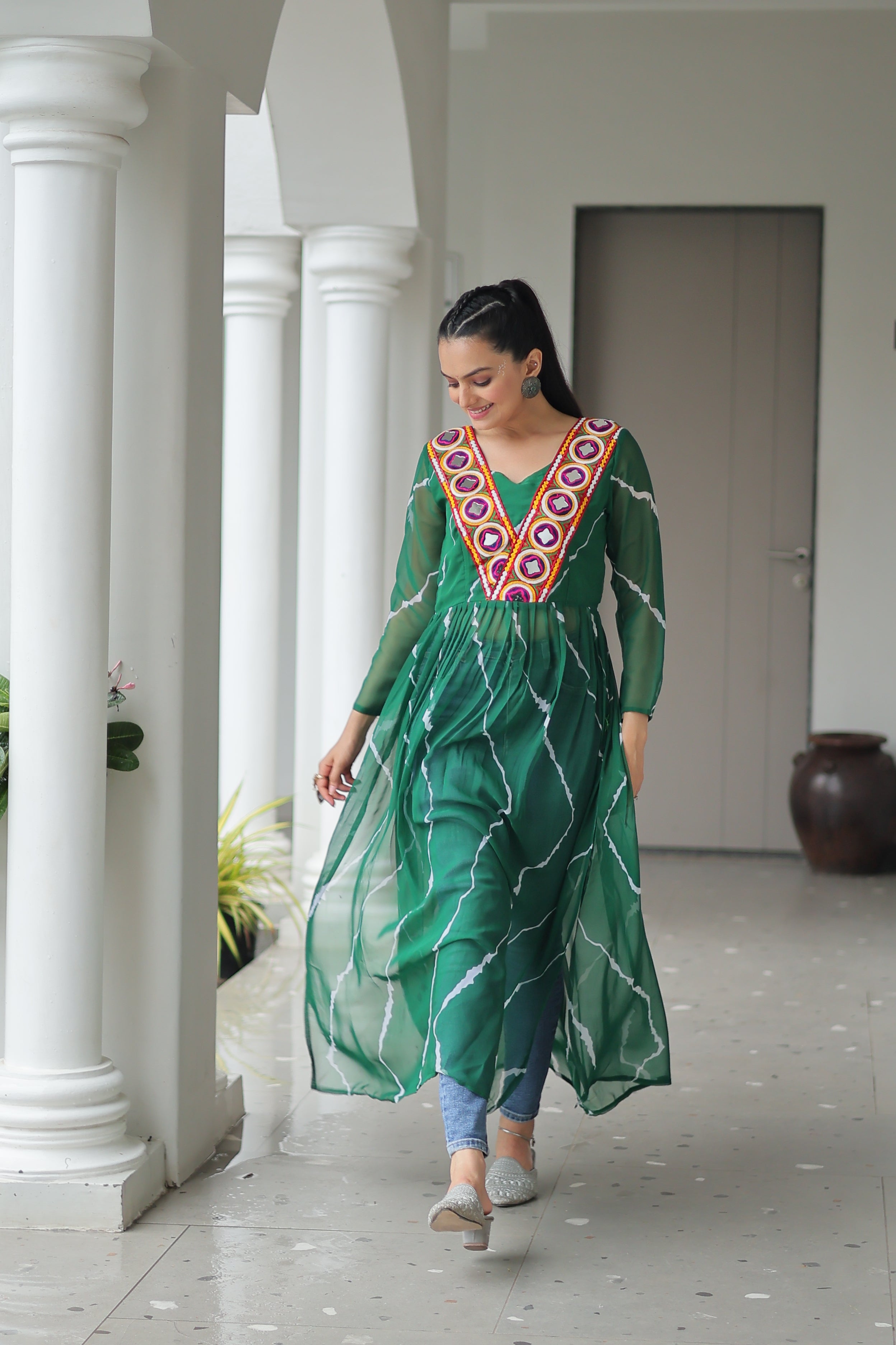 Traditional Bandhej Anarkali Dress with Vibrant Mirror Work Yoke