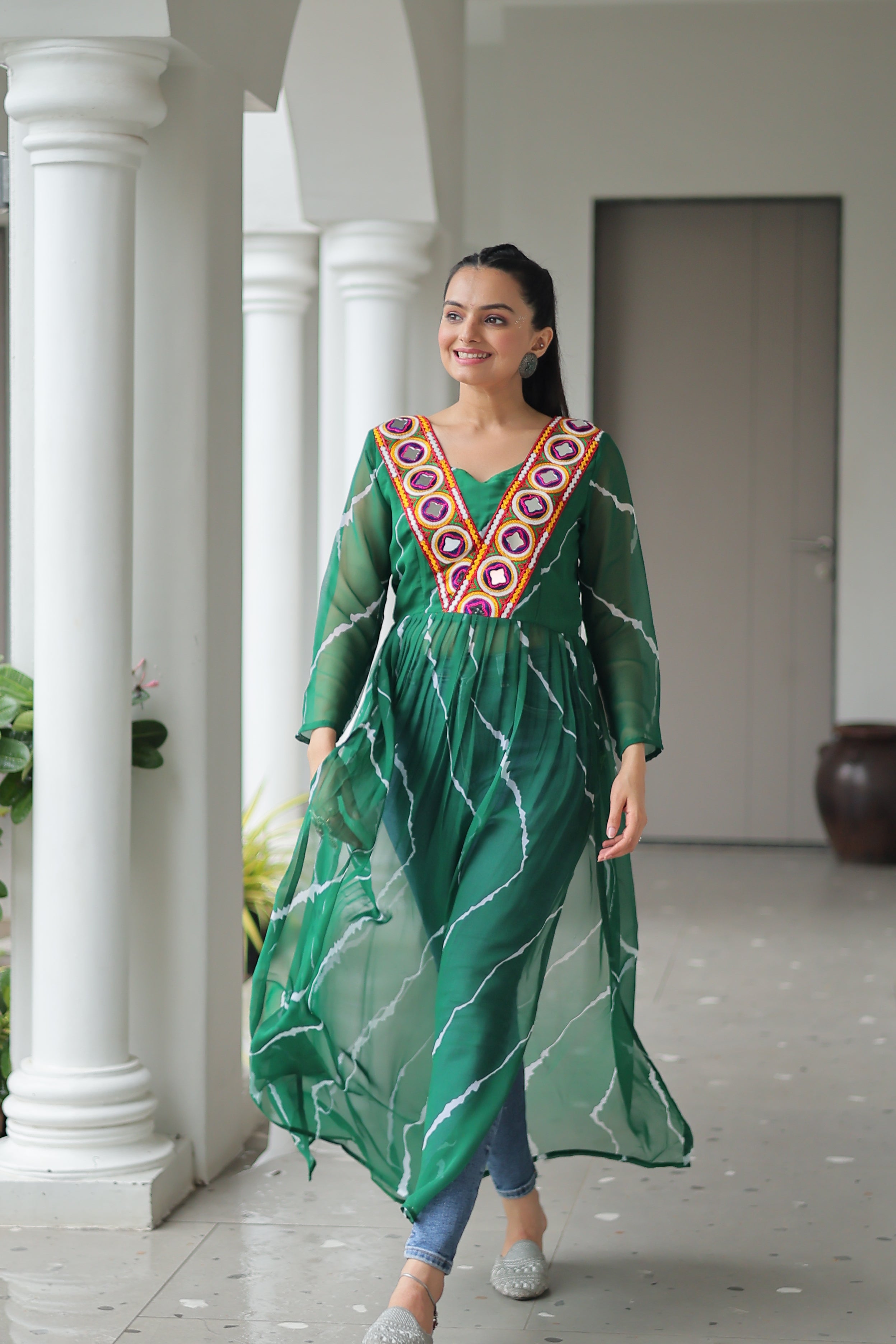 Traditional Bandhej Anarkali Dress with Vibrant Mirror Work Yoke