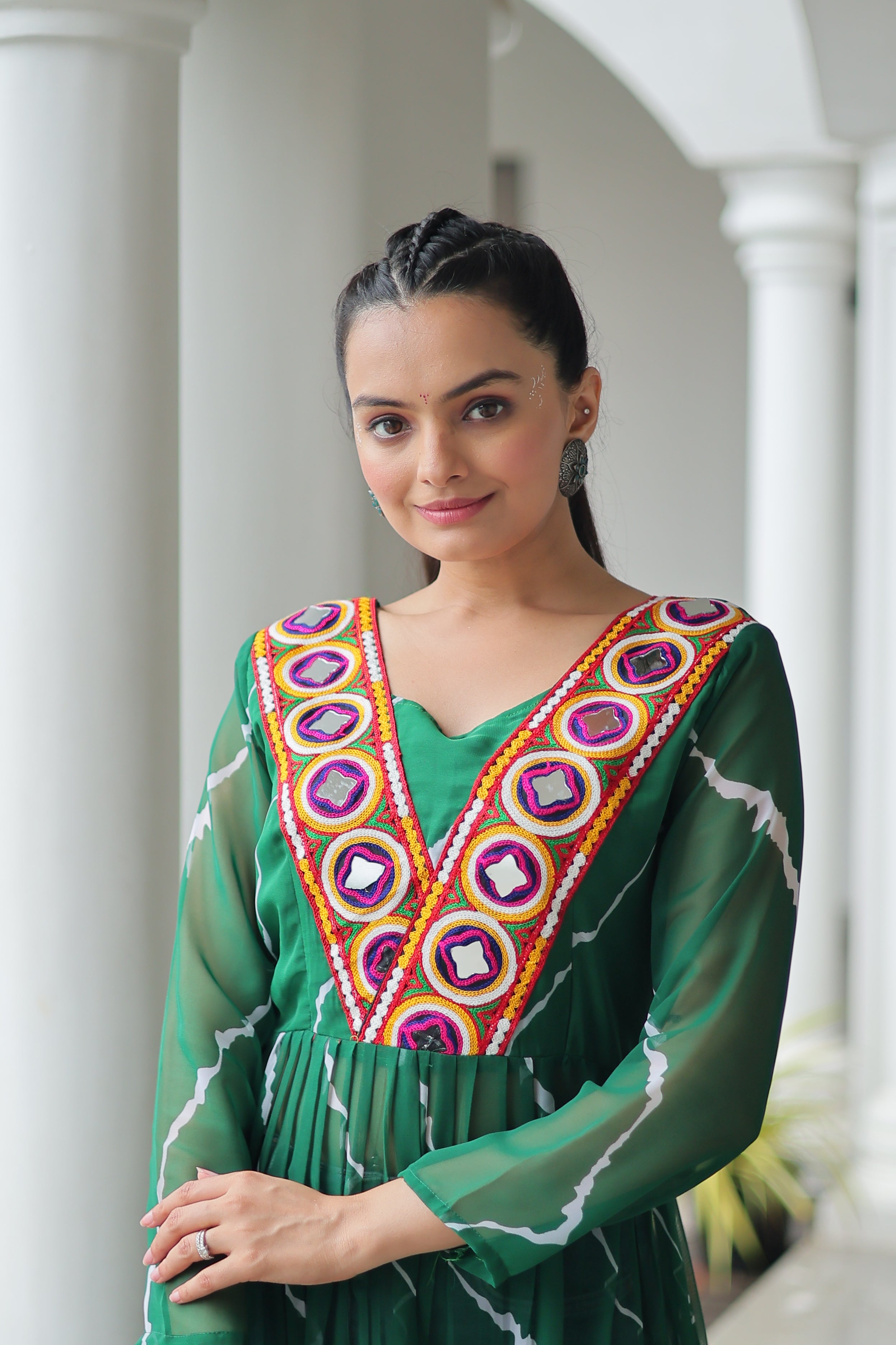 Traditional Bandhej Anarkali Dress with Vibrant Mirror Work Yoke