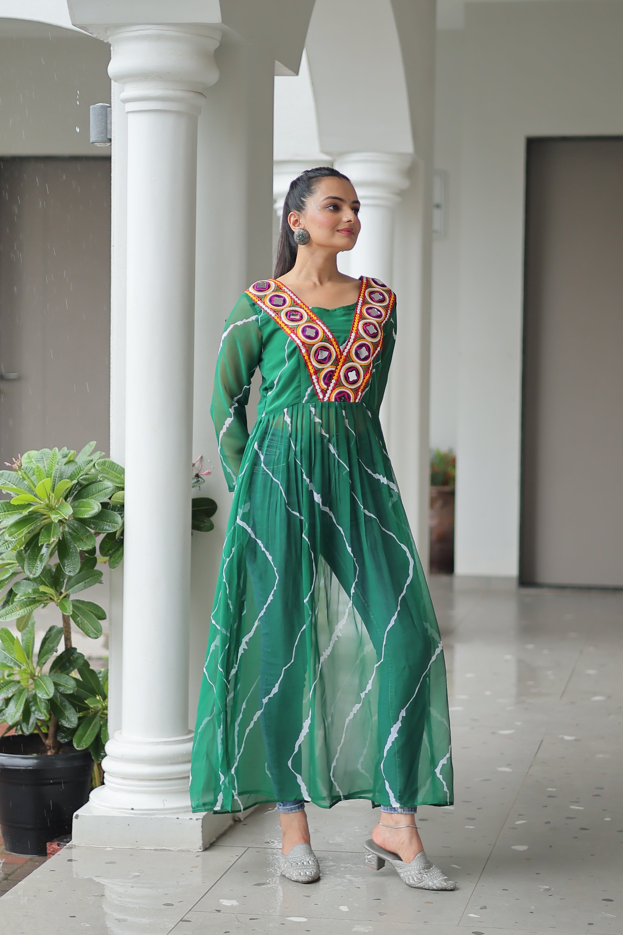 Traditional Bandhej Anarkali Dress with Vibrant Mirror Work Yoke