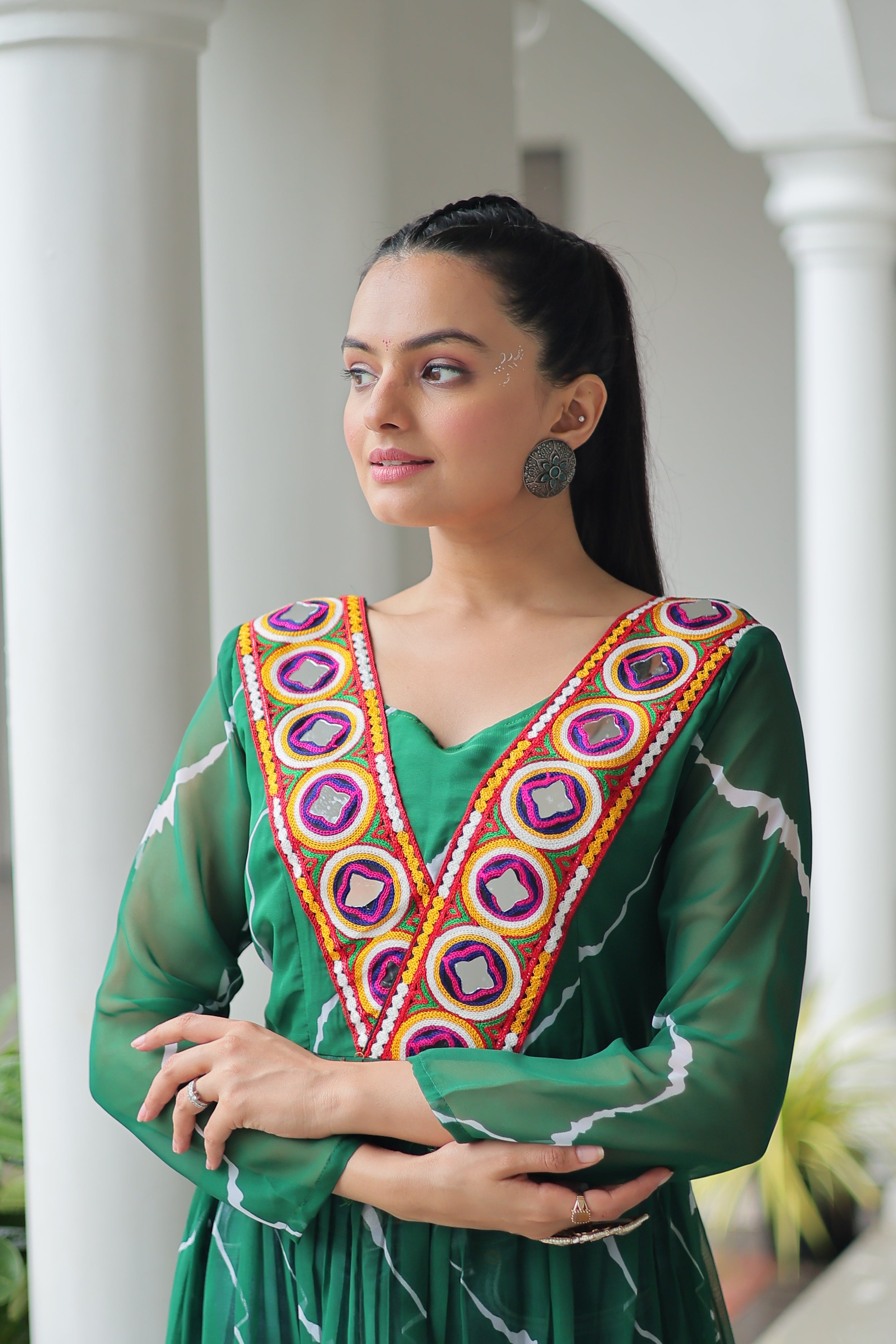 Traditional Bandhej Anarkali Dress with Vibrant Mirror Work Yoke