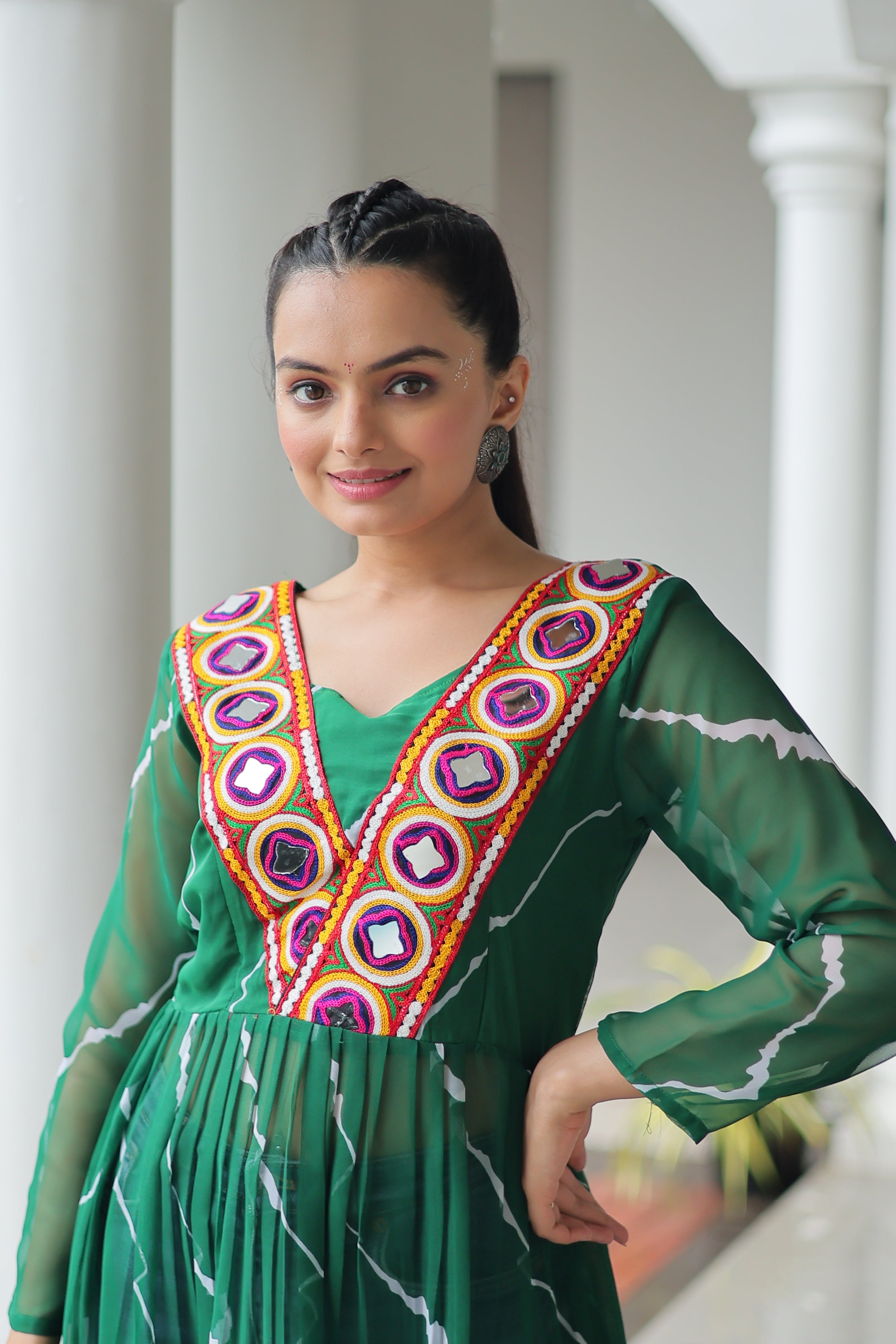 Traditional Bandhej Anarkali Dress with Vibrant Mirror Work Yoke