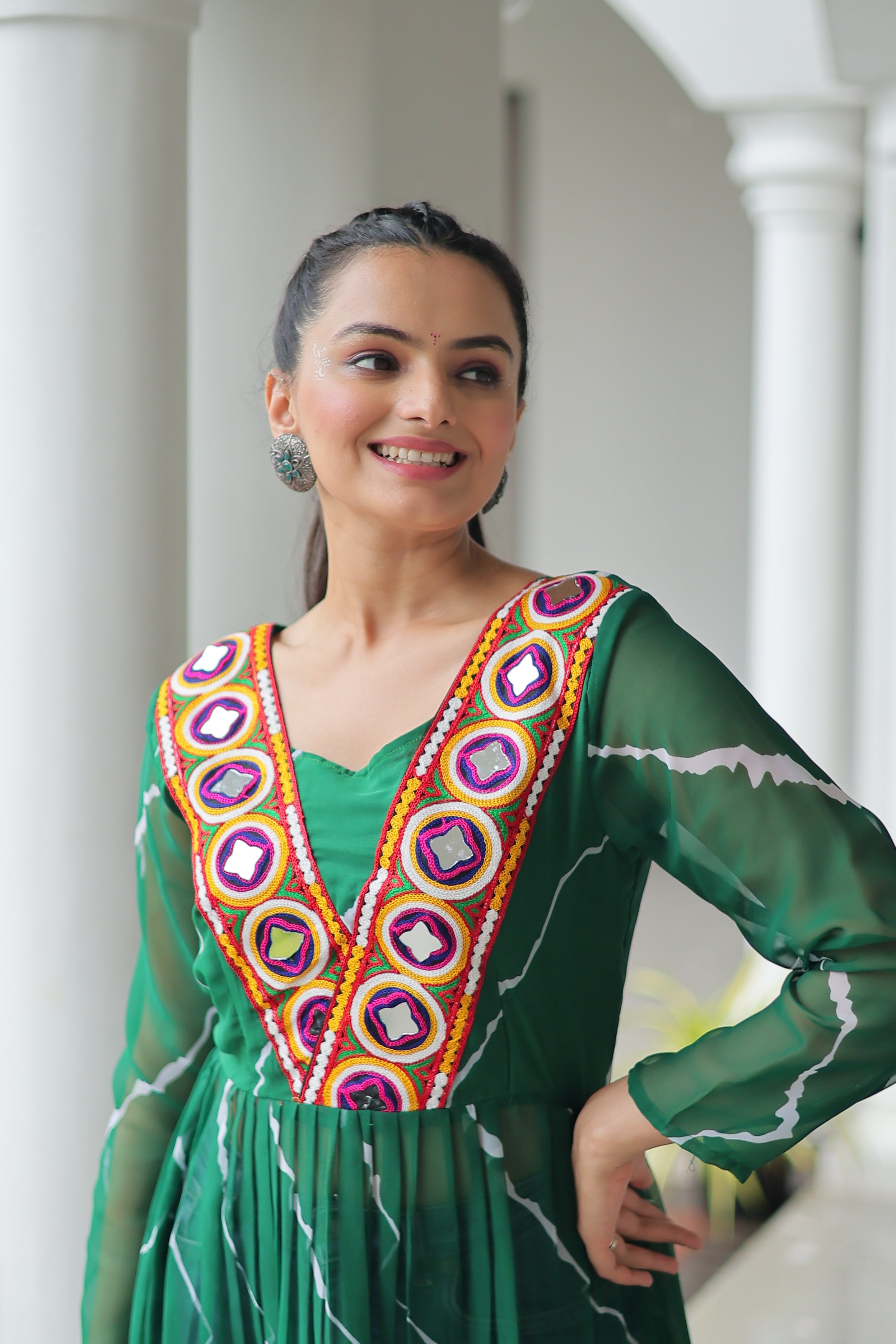 Traditional Bandhej Anarkali Dress with Vibrant Mirror Work Yoke
